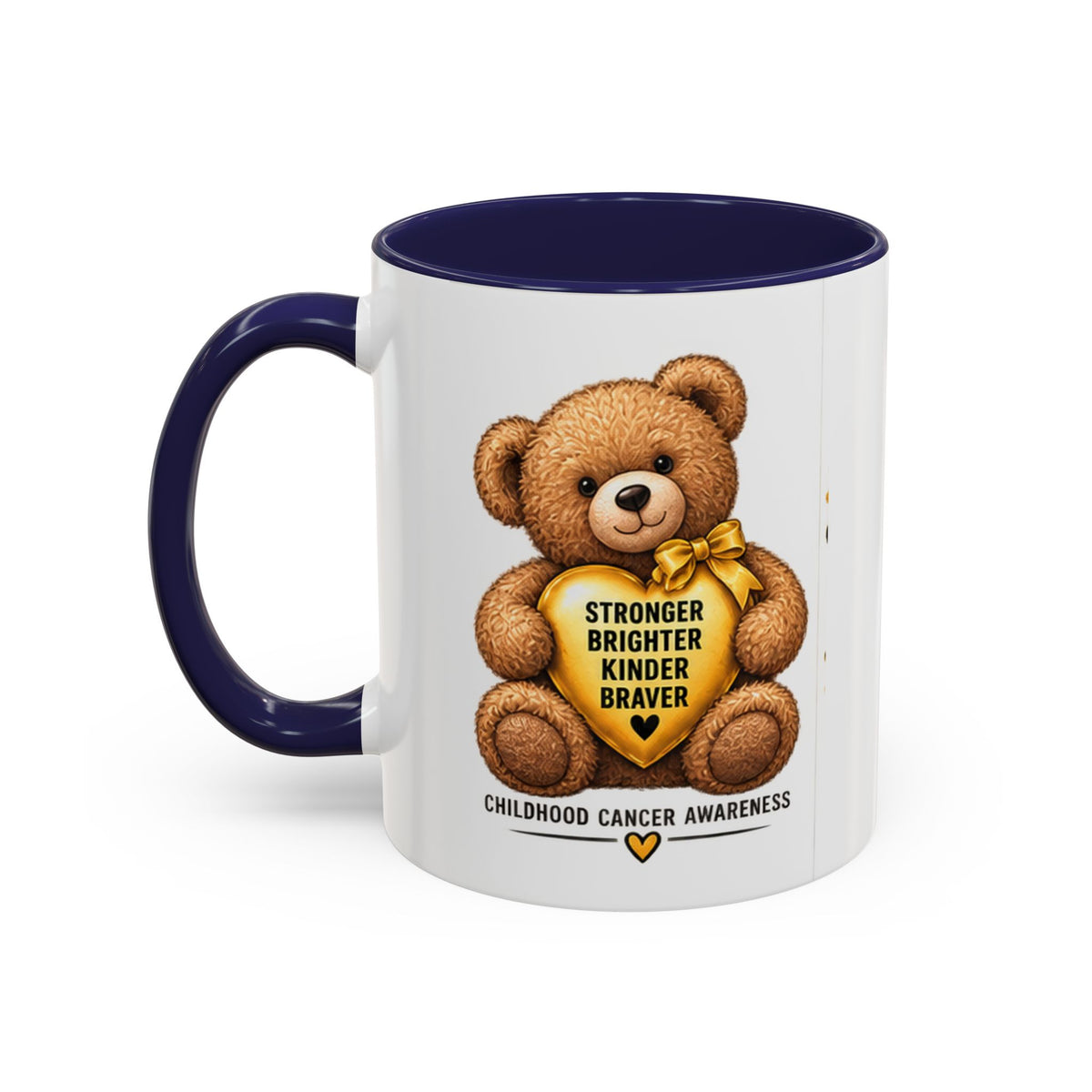 Childhood Cancer Awareness Coffee Mug — 'Stronger Brighter Kinder Braver' Teddy