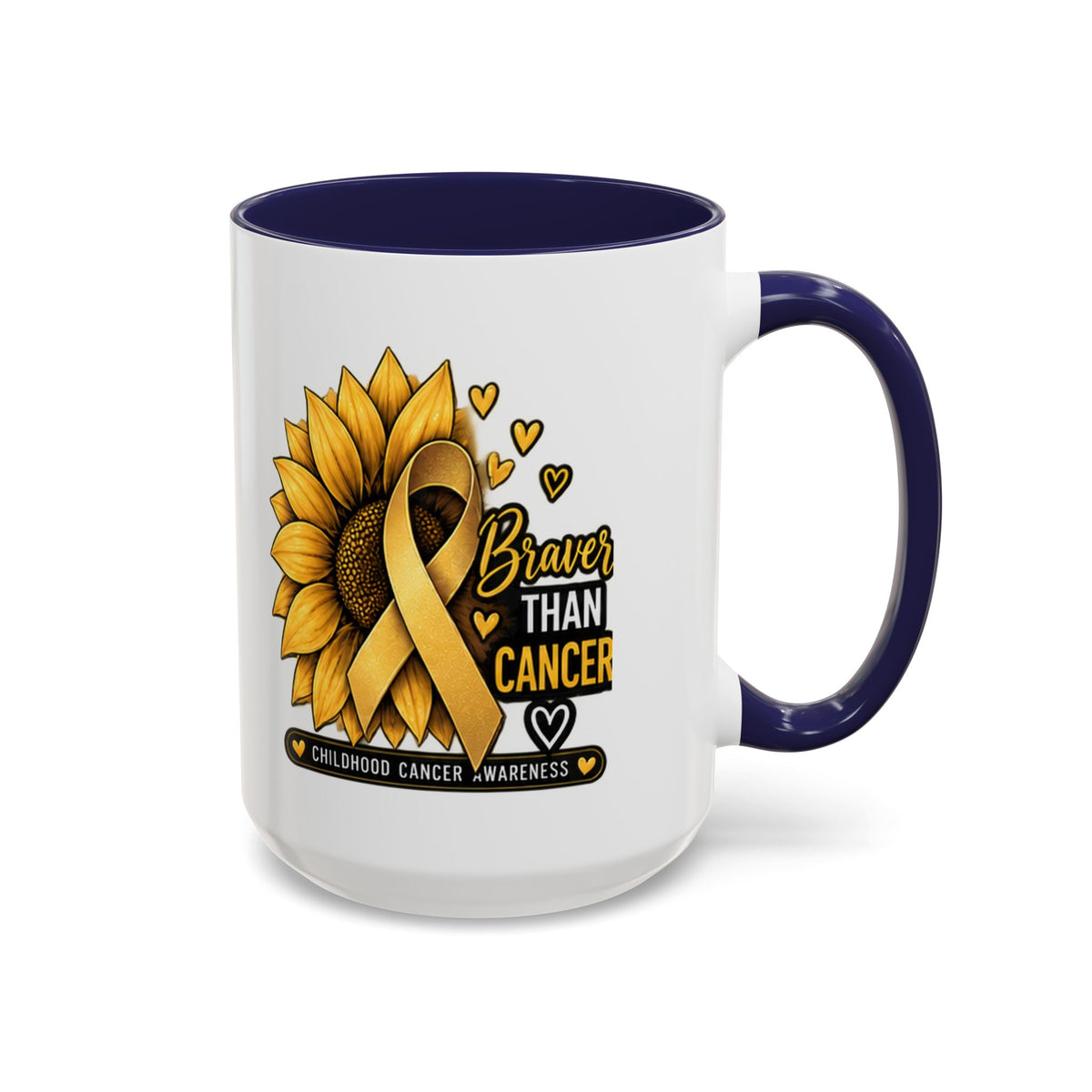 Childhood Cancer Awareness Mug — "Braver Than Cancer" Sunflower & Gold Ribbon