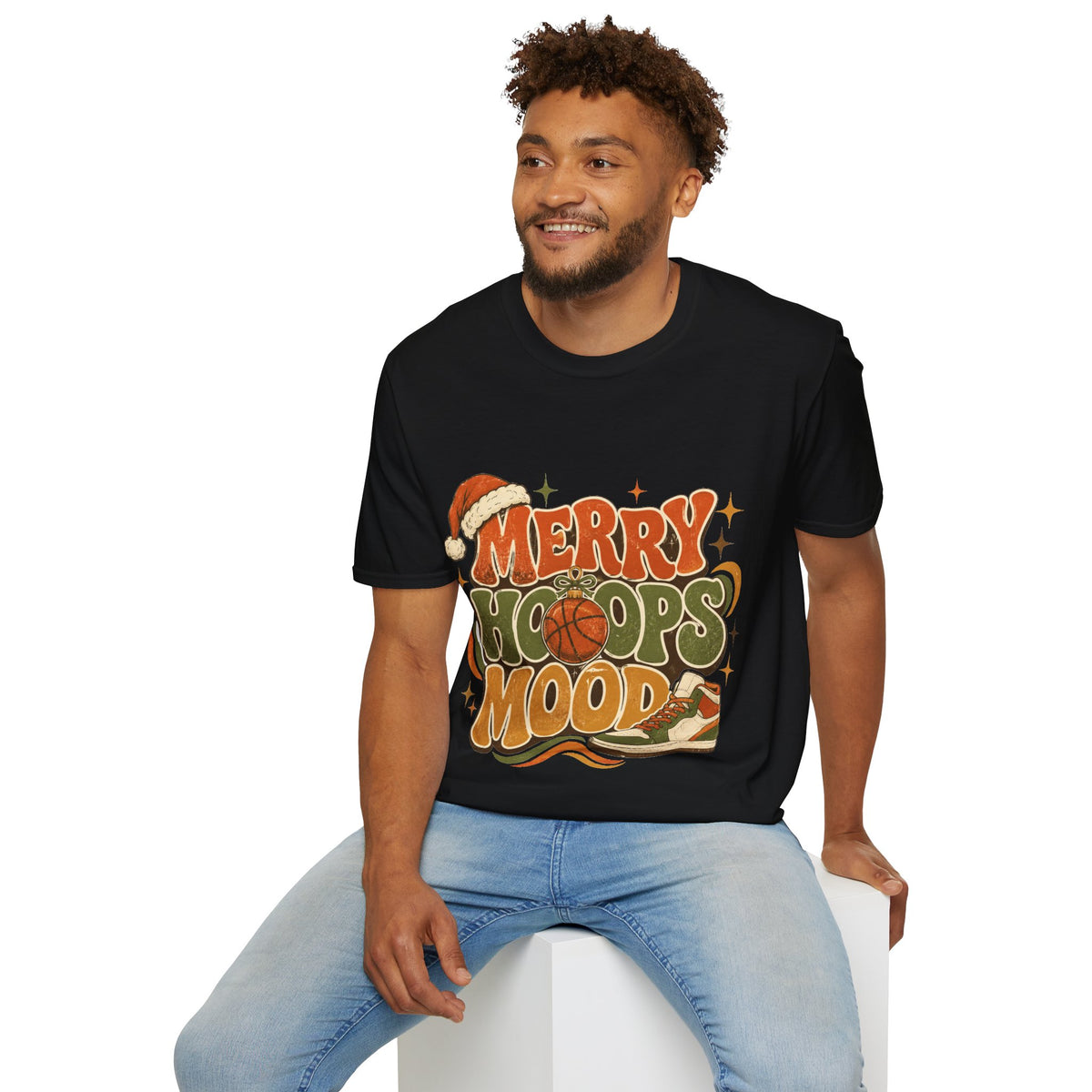Merry Hoops Mood T-Shirt — Retro Holiday Basketball Christmas Tee