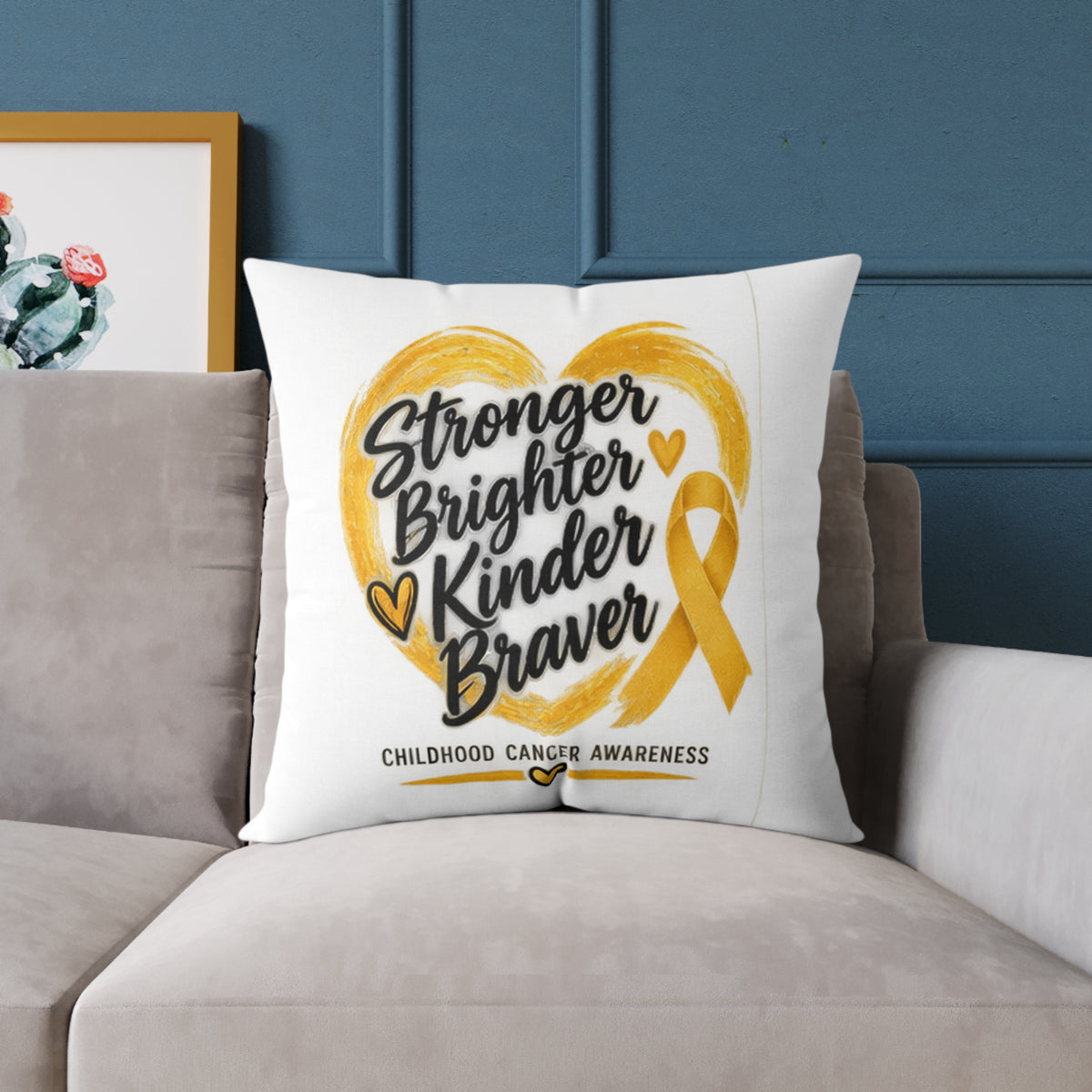 Childhood Cancer Awareness Pillow - "Stronger Brighter Kinder Braver" Gold Ribbon Square Throw Pillow