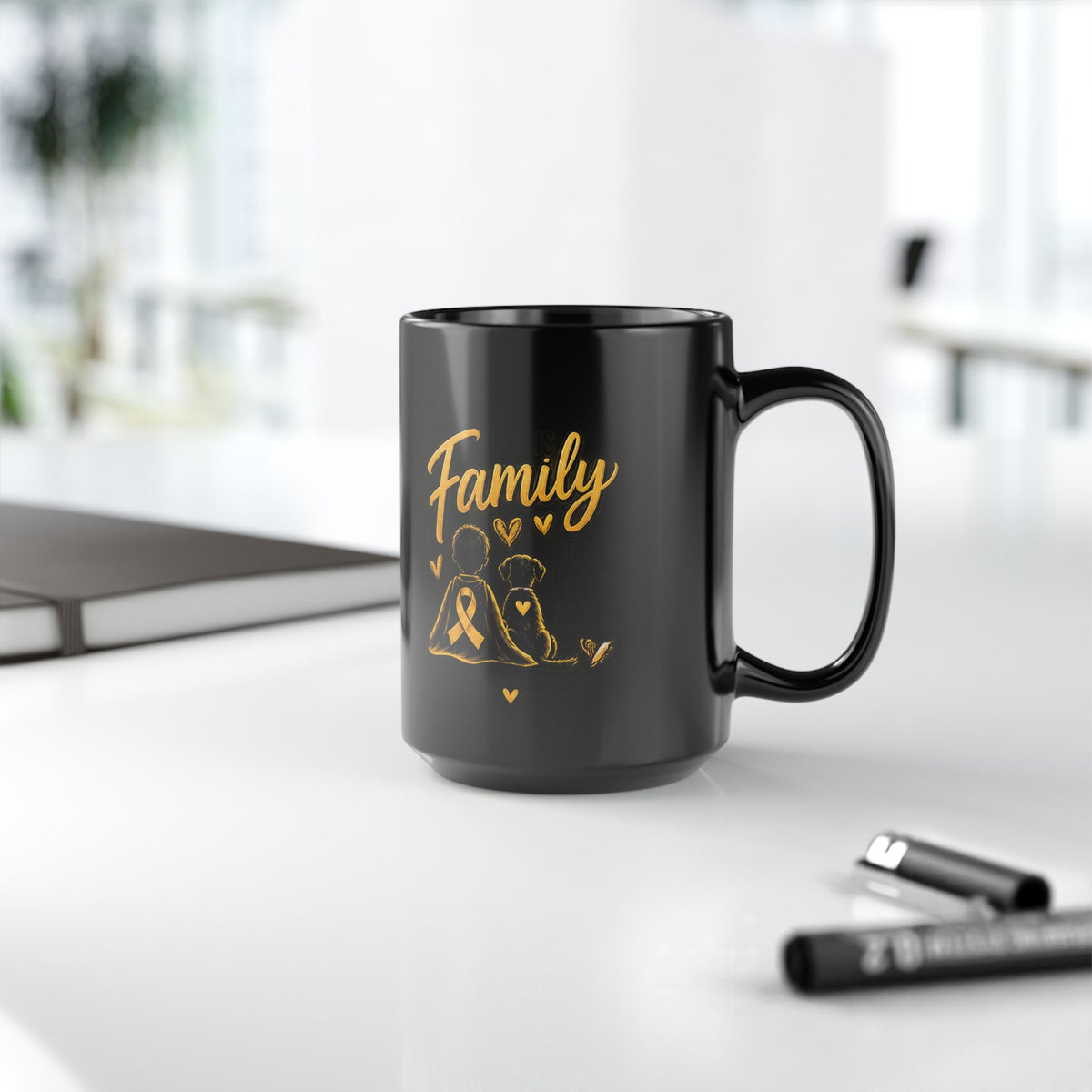 Childhood Cancer Family Ribbon Awareness Black Mug - Support & Love 11oz/15oz