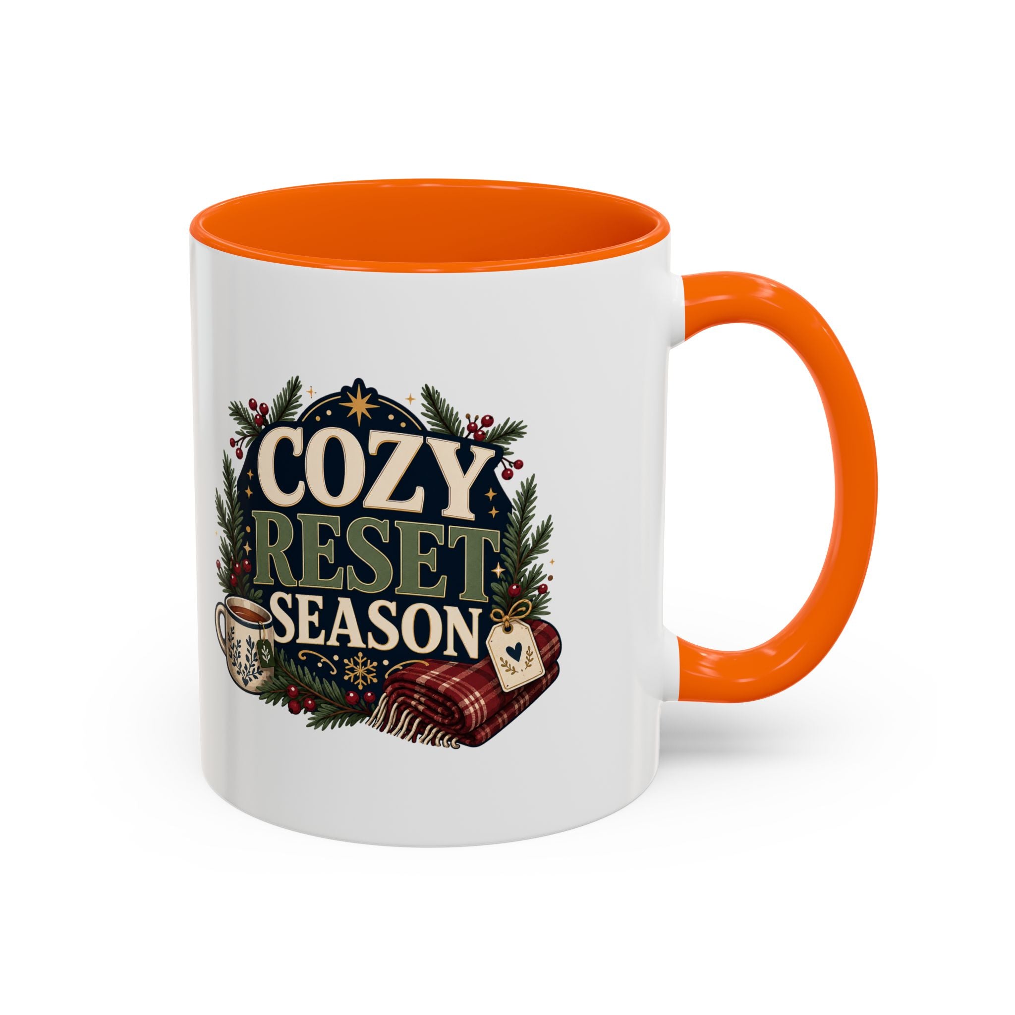 Modern Day Christmas Cozy Reset Season Mug — Holiday Coffee Cup with Blanket & Tea Tag Design