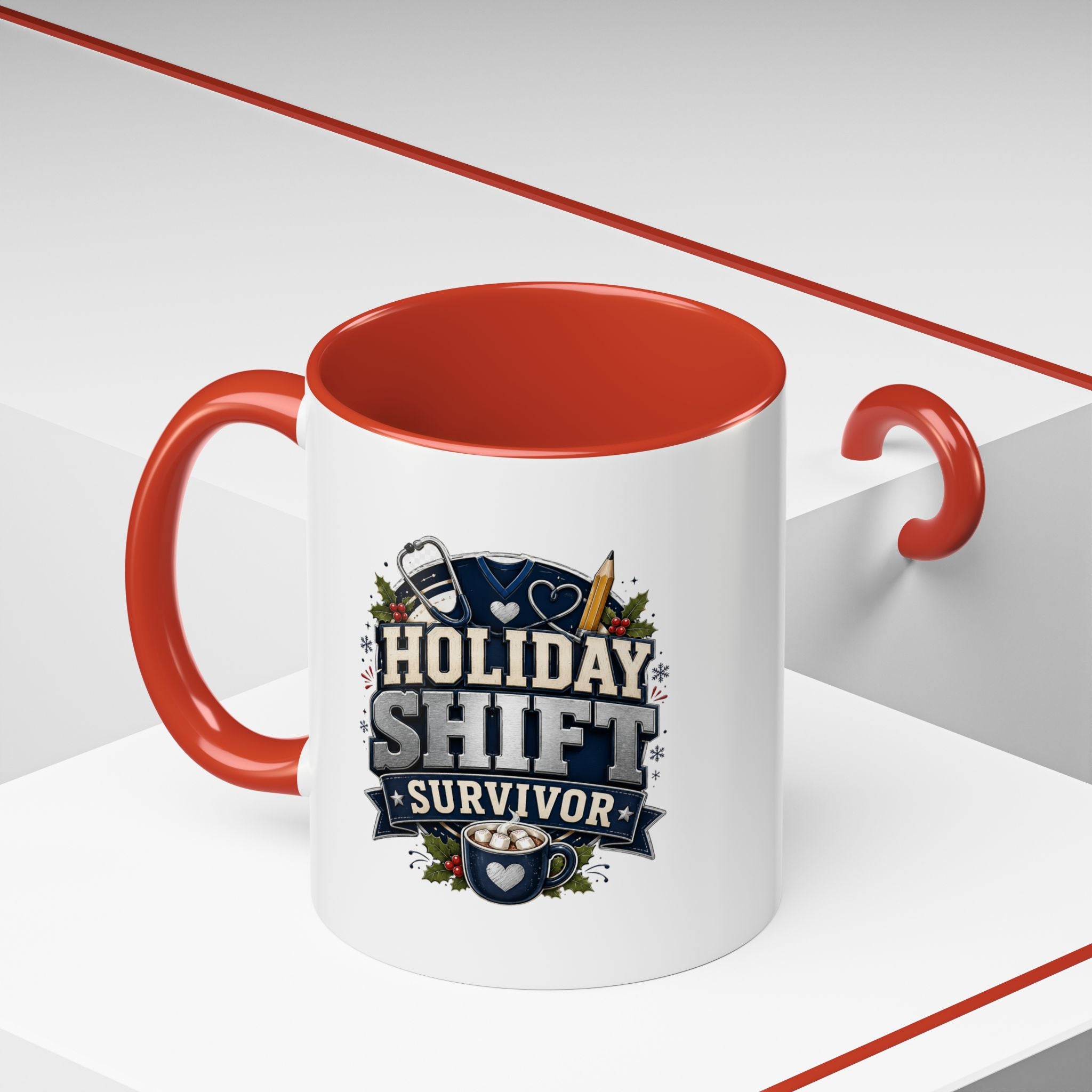 Modern Day Christmas Holiday Shift Survivor Accent Coffee Mug – Nurse & Healthcare Worker Gift