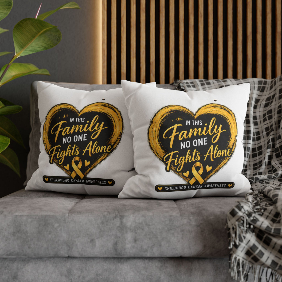 Childhood Cancer Awareness Pillow - "In This Family No One Fights Alone" Square Throw Pillow