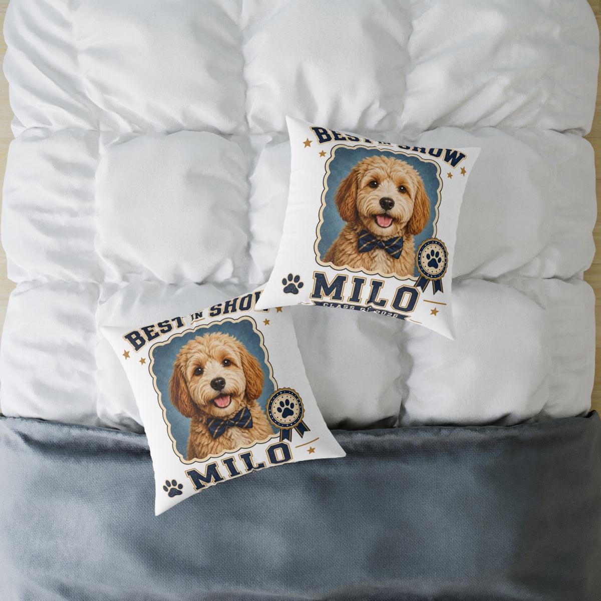 Milo Bailey Dog Dad Mom Square Pillow — 'Best in Show' Personalized Dog Portrait (Milo)