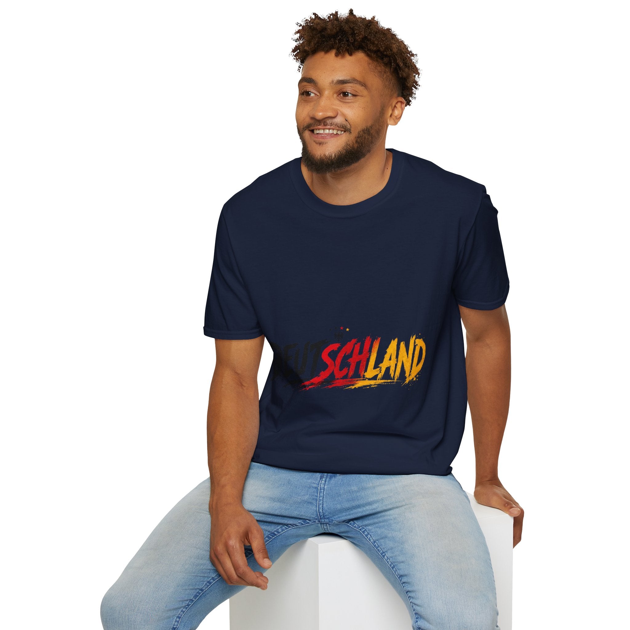 Germany Deutschland Football T-Shirt — Deutschland Script with German Flag Brushstroke