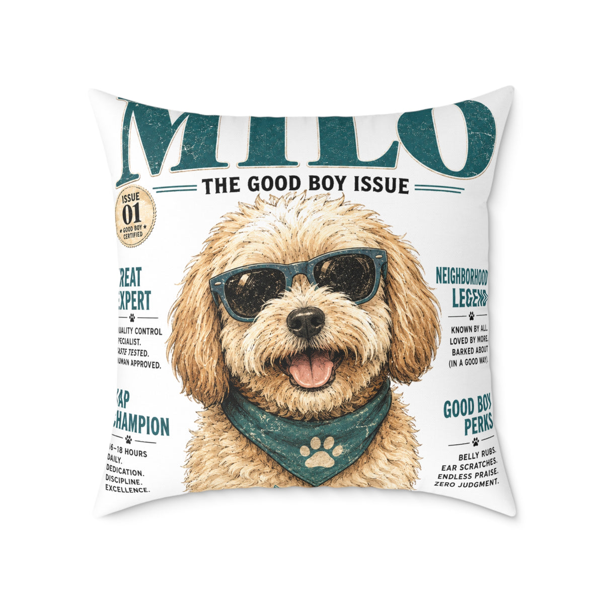 Milo 'The Good Boy Issue' Square Throw Pillow - Milo Bailey Dog Dad Mom Cute Dog Magazine Cover Decor