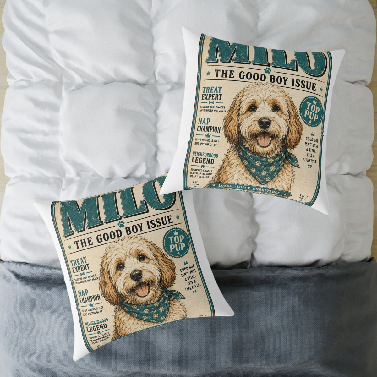 Milo Bailey Dog Dad Mom Pillow — "Milo: The Good Boy Issue" Square Throw Pillow (Pet Lover Gift)