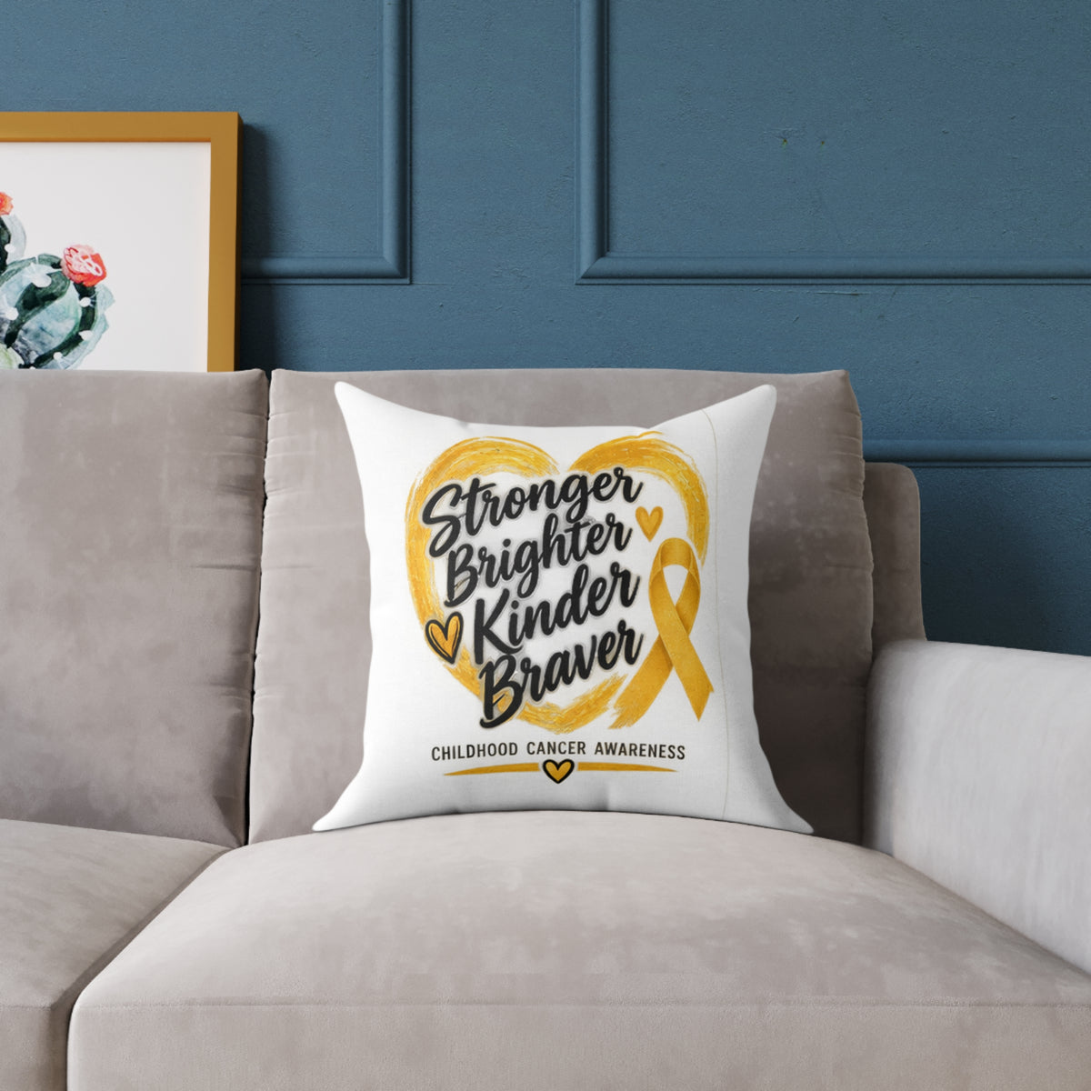 Childhood Cancer Awareness Pillow - "Stronger Brighter Kinder Braver" Gold Ribbon Square Throw Pillow