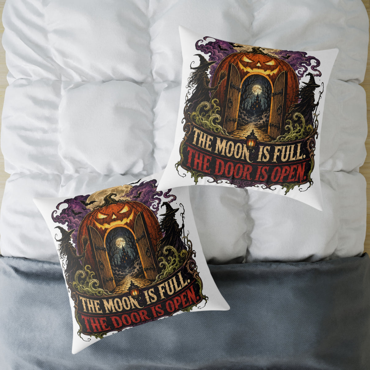 Halloween Pumpkin Door Pillow — "The Moon Is Full, The Door Is Open" Decorative Throw Pillow