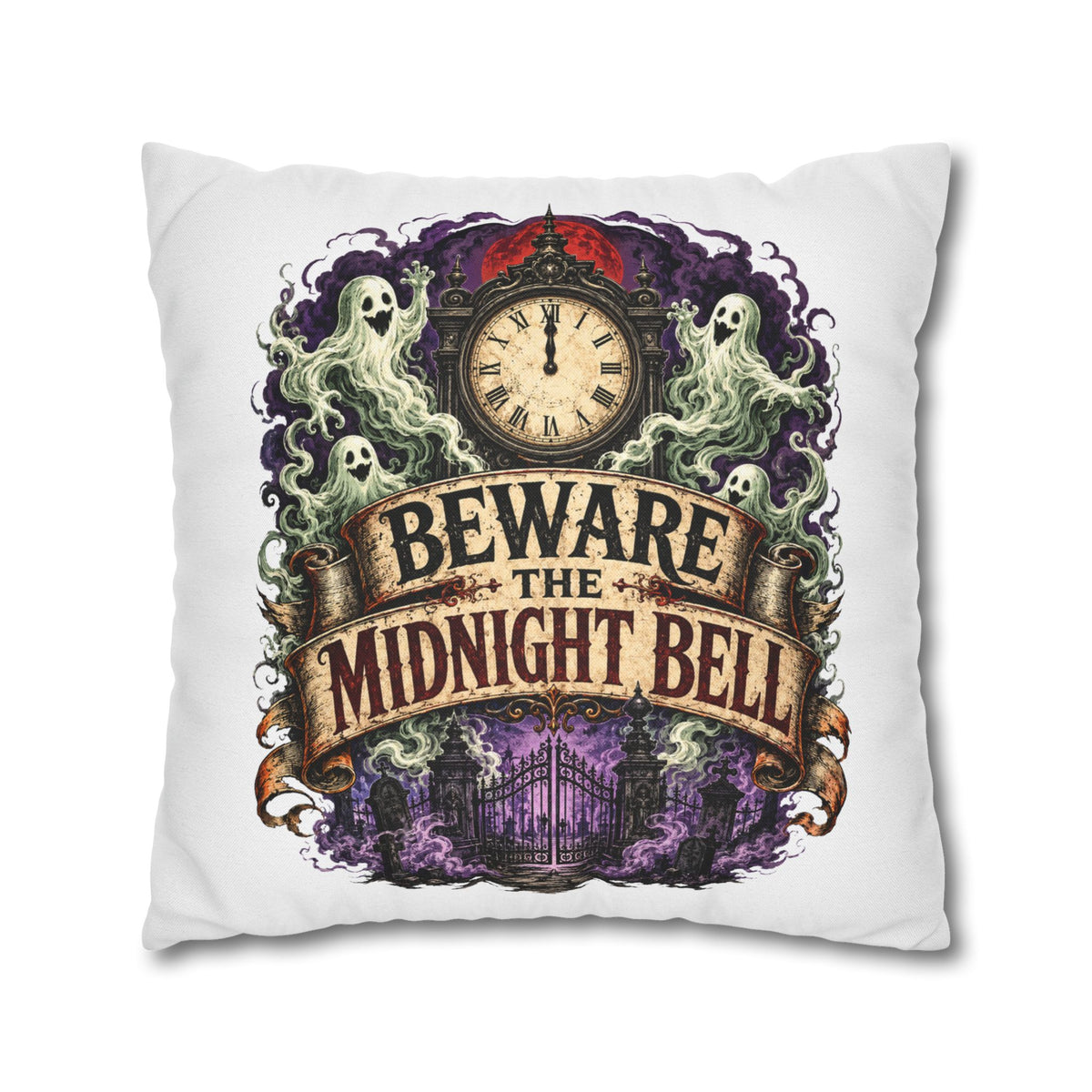Halloween Beware the Midnight Bell Pillowcase — Haunted Clock & Ghosts Decorative Throw Pillow
