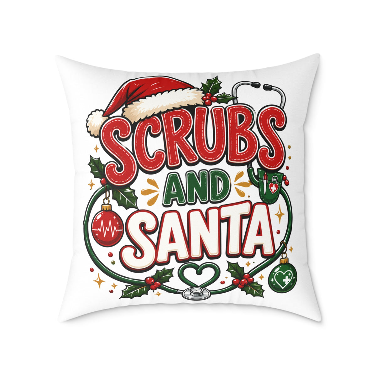 Christmas Square Pillow — Scrubs and Santa Christmas Cushion for Nurses