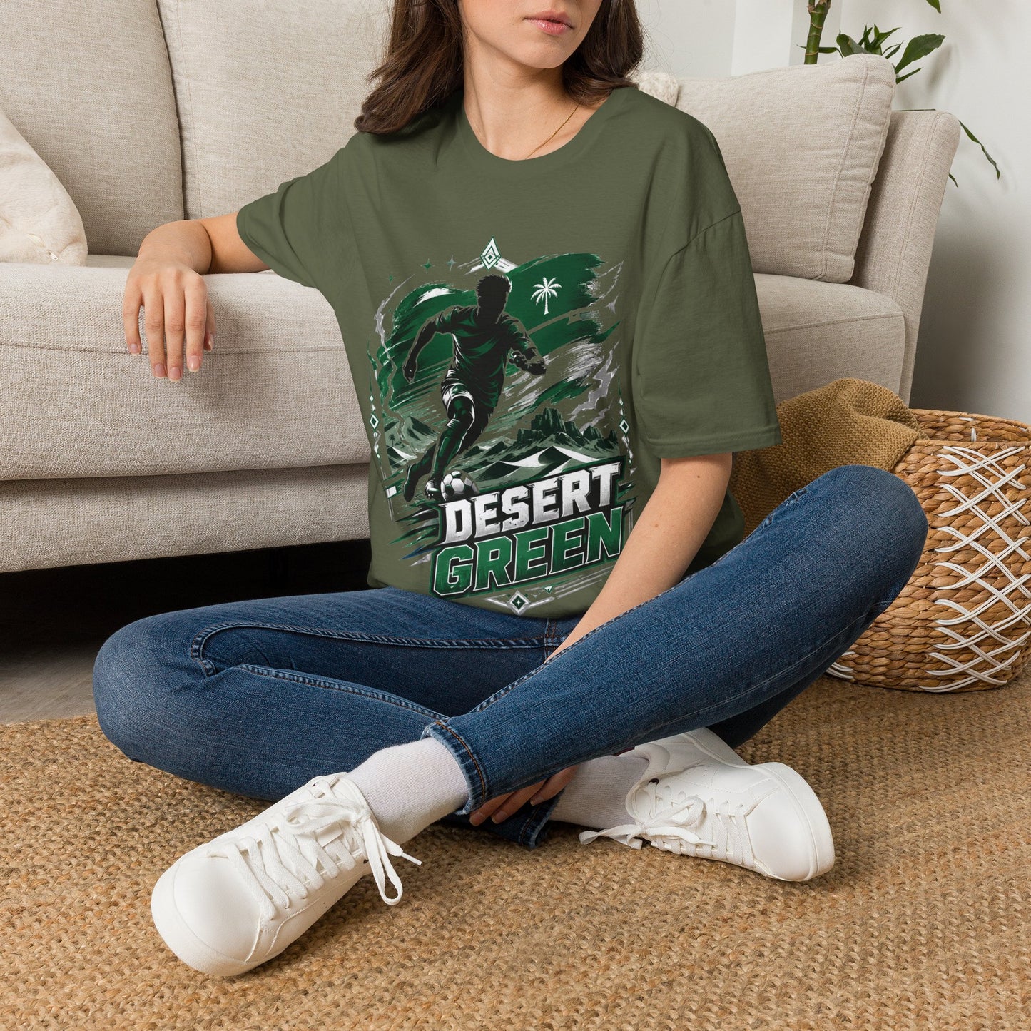 Saudi Arabia Desert Green Soccer T-Shirt — Silhouette Player Graphic