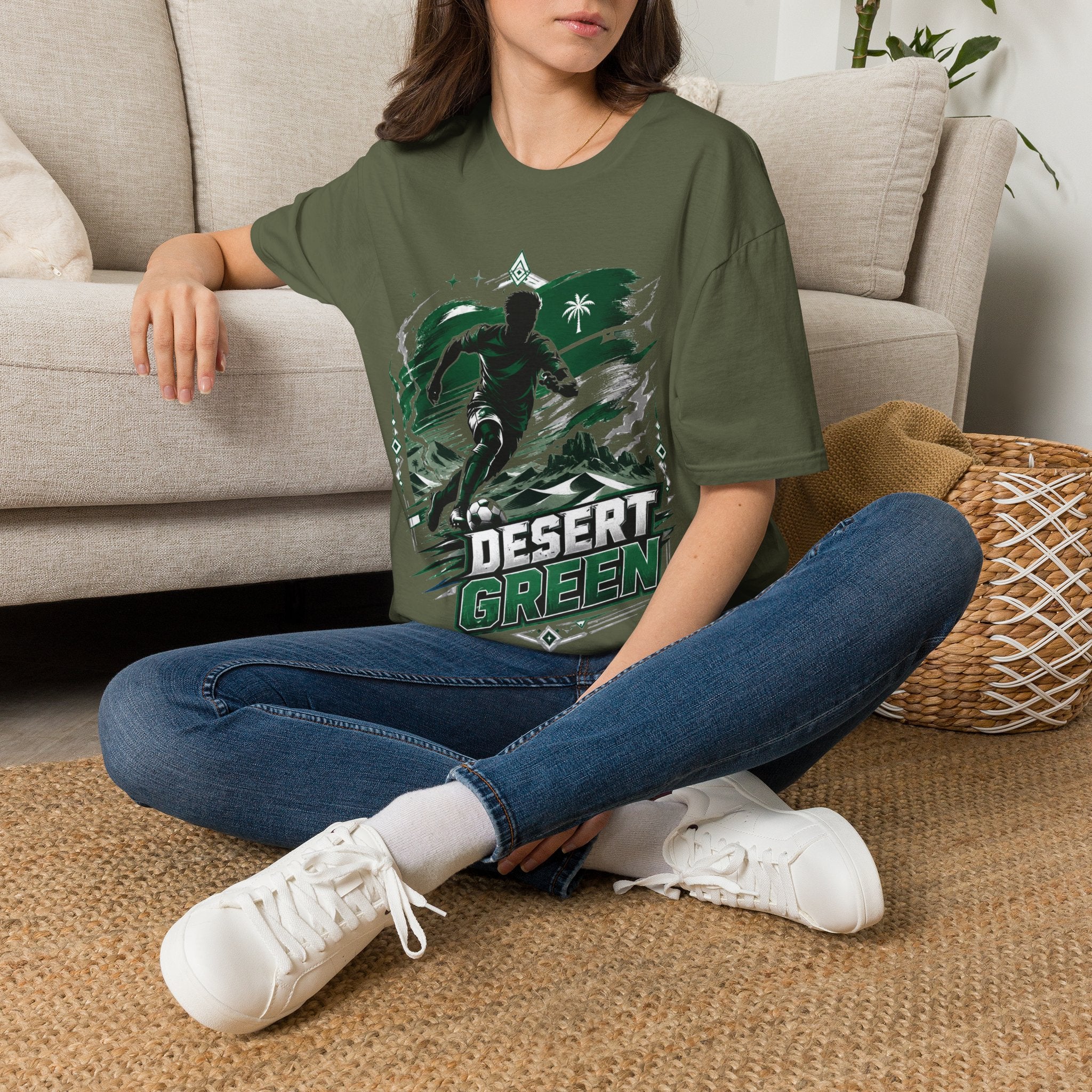 Saudi Arabia Desert Green Soccer T-Shirt — Silhouette Player Graphic
