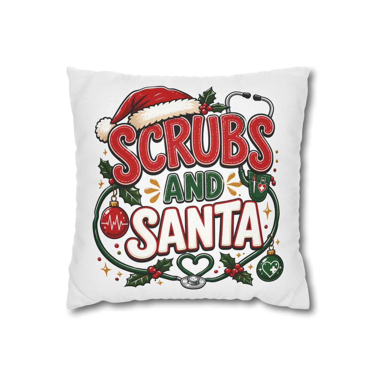 Christmas Scrubs and Santa Holiday Pillowcase – Christmas Nurse Decorative Throw Pillow Cover