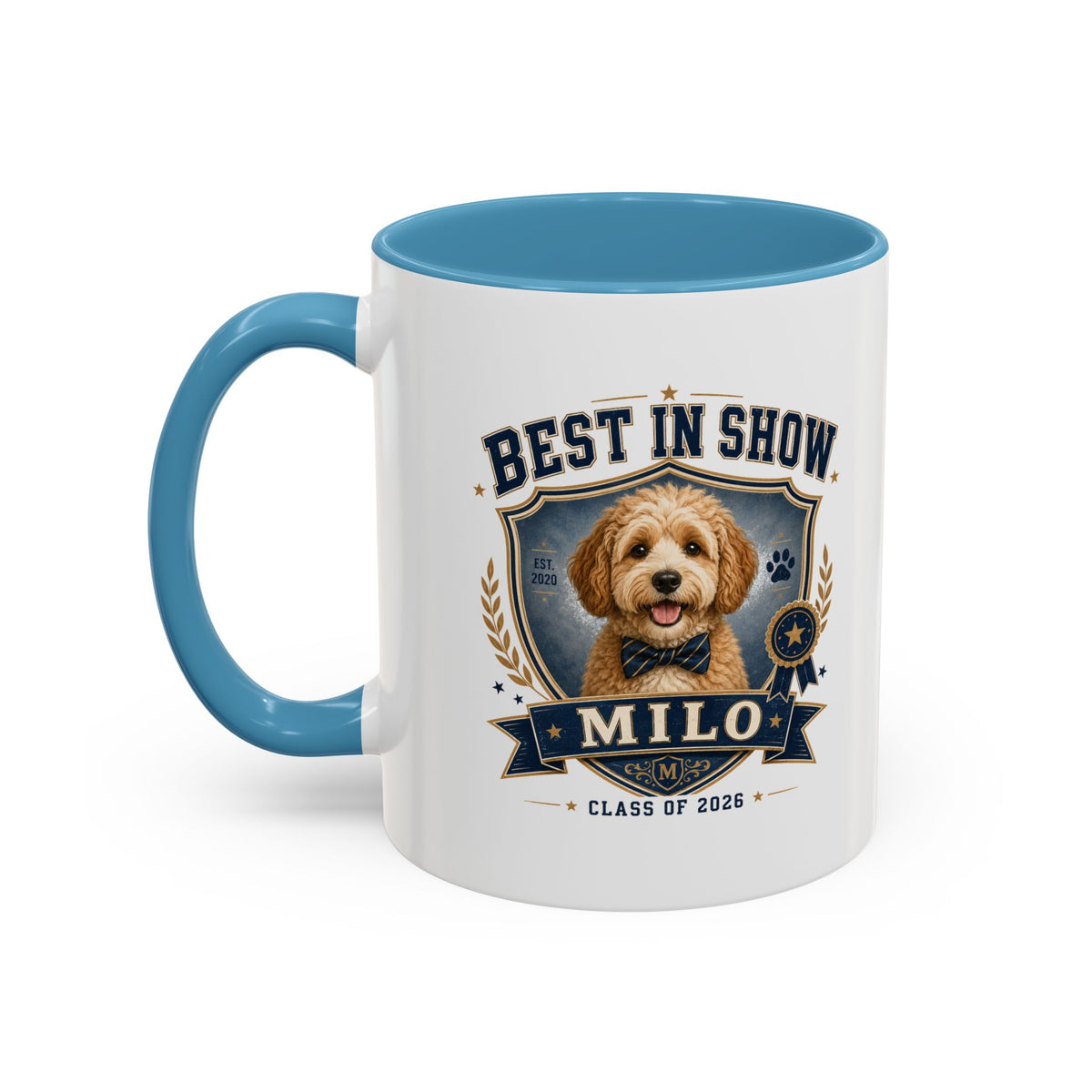Milo Bailey Dog Dad Mom Best in Show Personalized Dog Coffee Mug — 'Milo' Class of 2026 Accent Mug