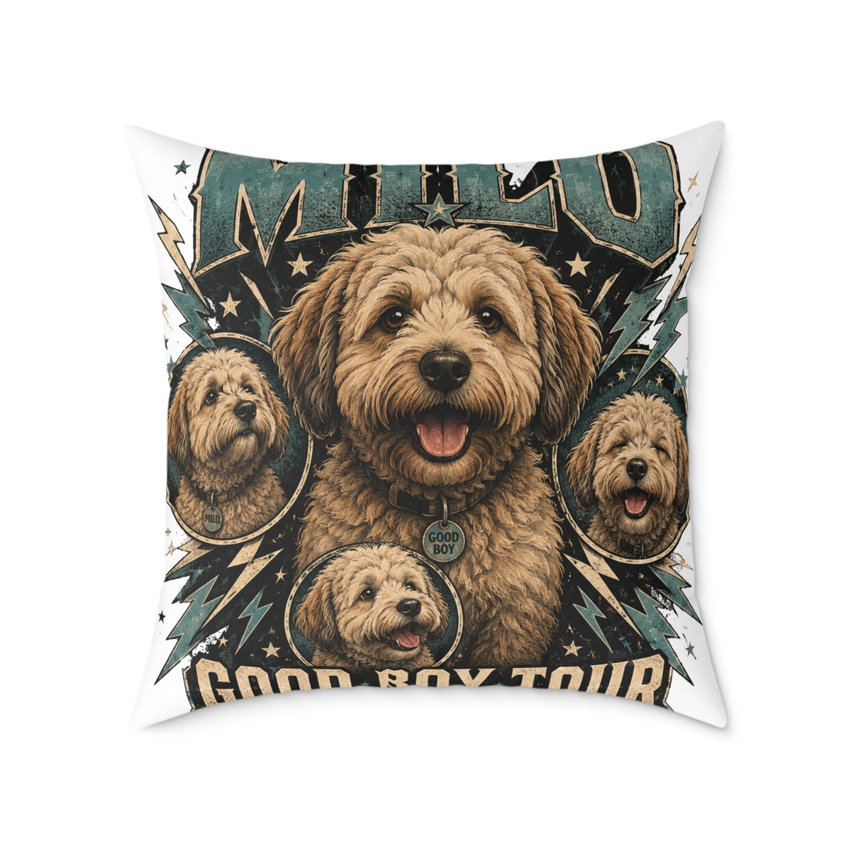 Milo Golden Doodle Band Tour Square Pillow  Milo Bailey Dog Dad Mom— Retro Dog Portrait Decorative Throw