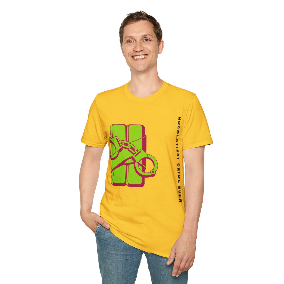 Chocolateie Graphic T‑Shirt — Green Candy Bar with Handcuffs Design - Trending Now - September 2026