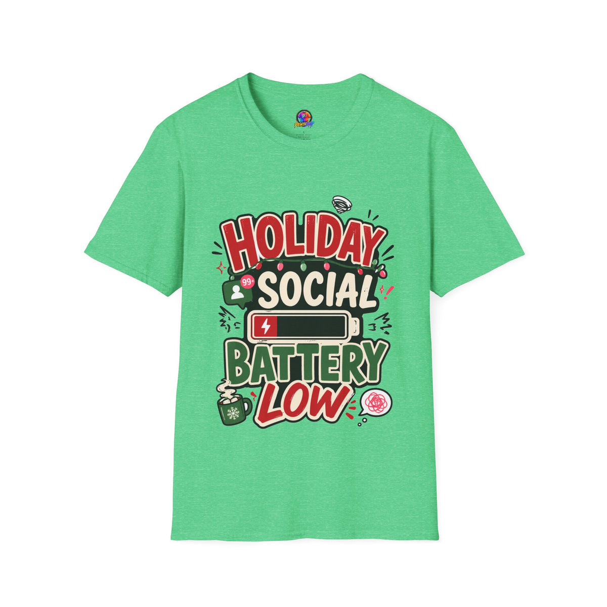Holiday Social "Battery Low" T‑Shirt — Funny Festive Party Tee for Introverts & Holiday Gatherings