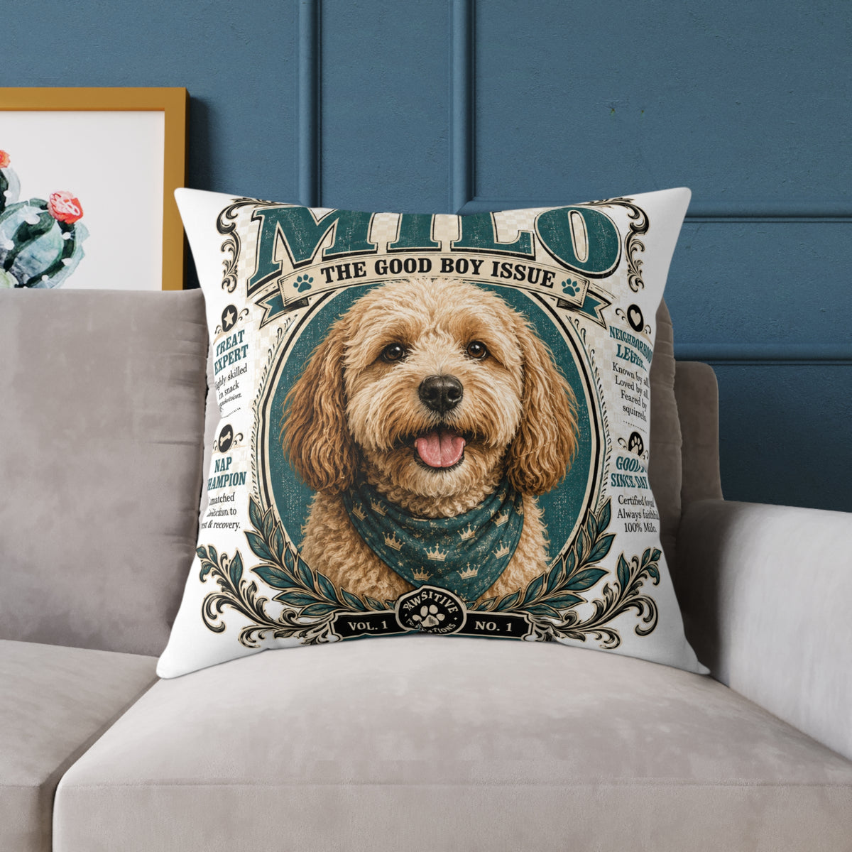 Personalized Dog Pillow - "Milo The Good Boy Issue" Decorative Pet Portrait Cushion  Milo Bailey Dog Dad Mom