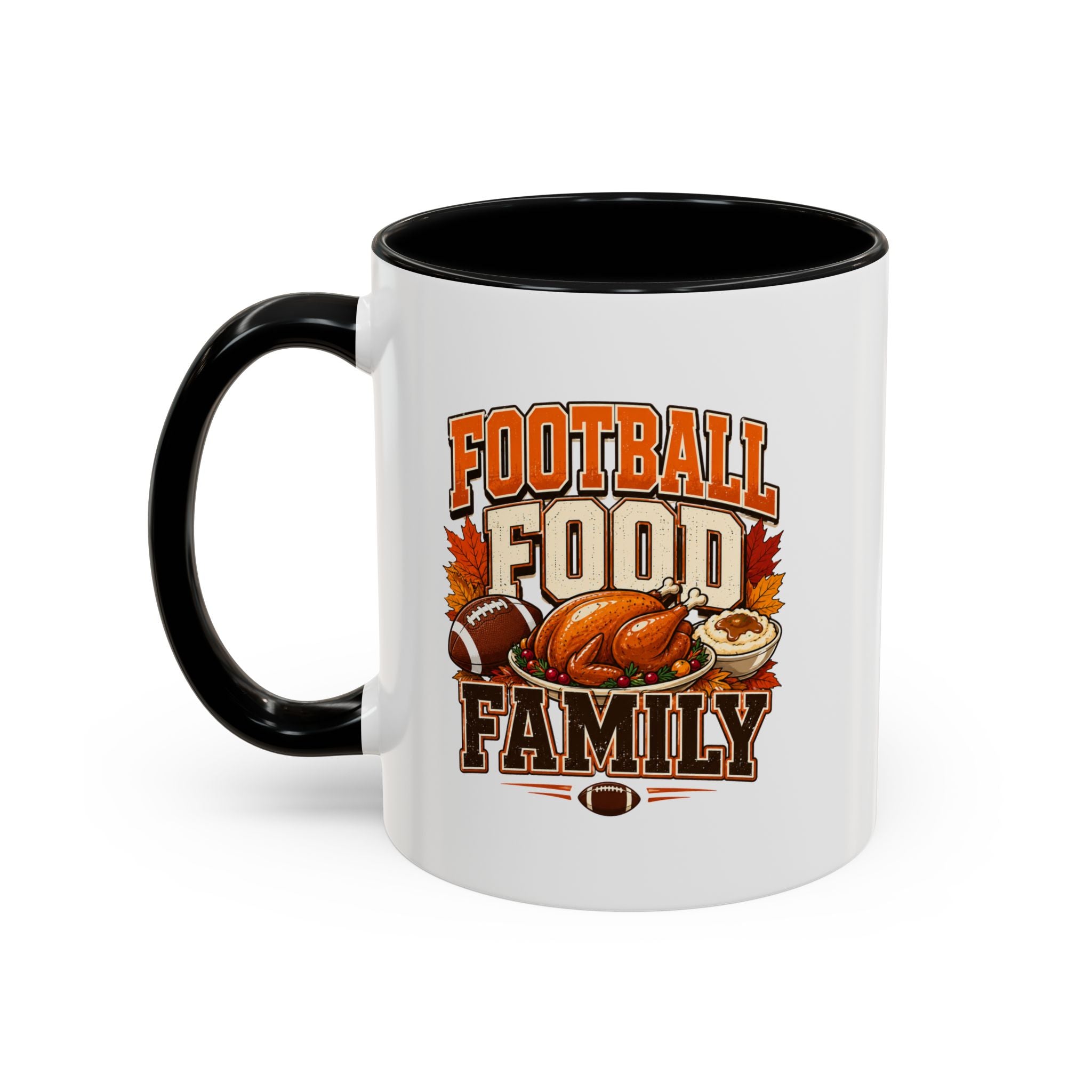 Thanksgiving Mug Football, Food & Family Coffee Mug — Thanksgiving Game Day Accent Mug