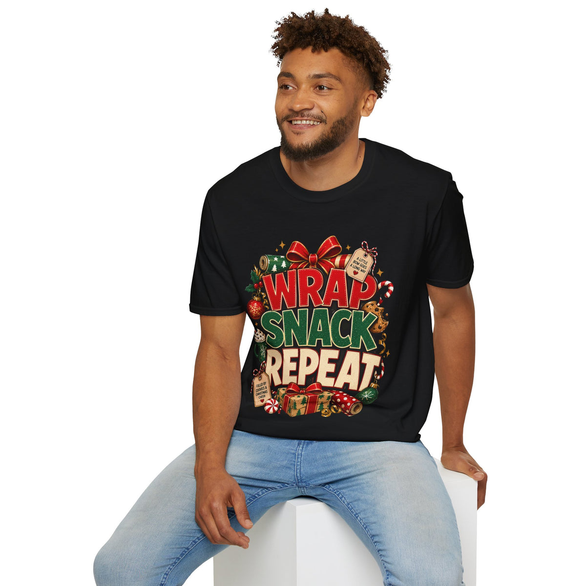 T-Shirt — "Wrap Snack Repeat" Christmas Graphic Tee