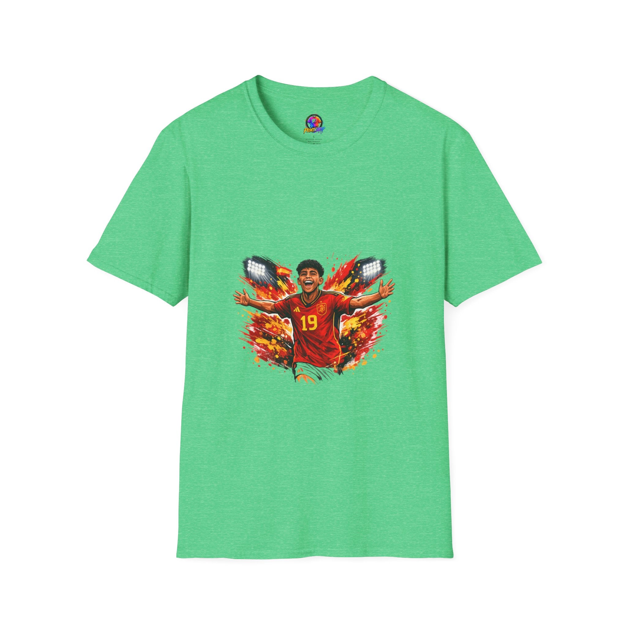 Spain Soccer Fan Portrait T‑Shirt – Fiery Goal Celebration Design