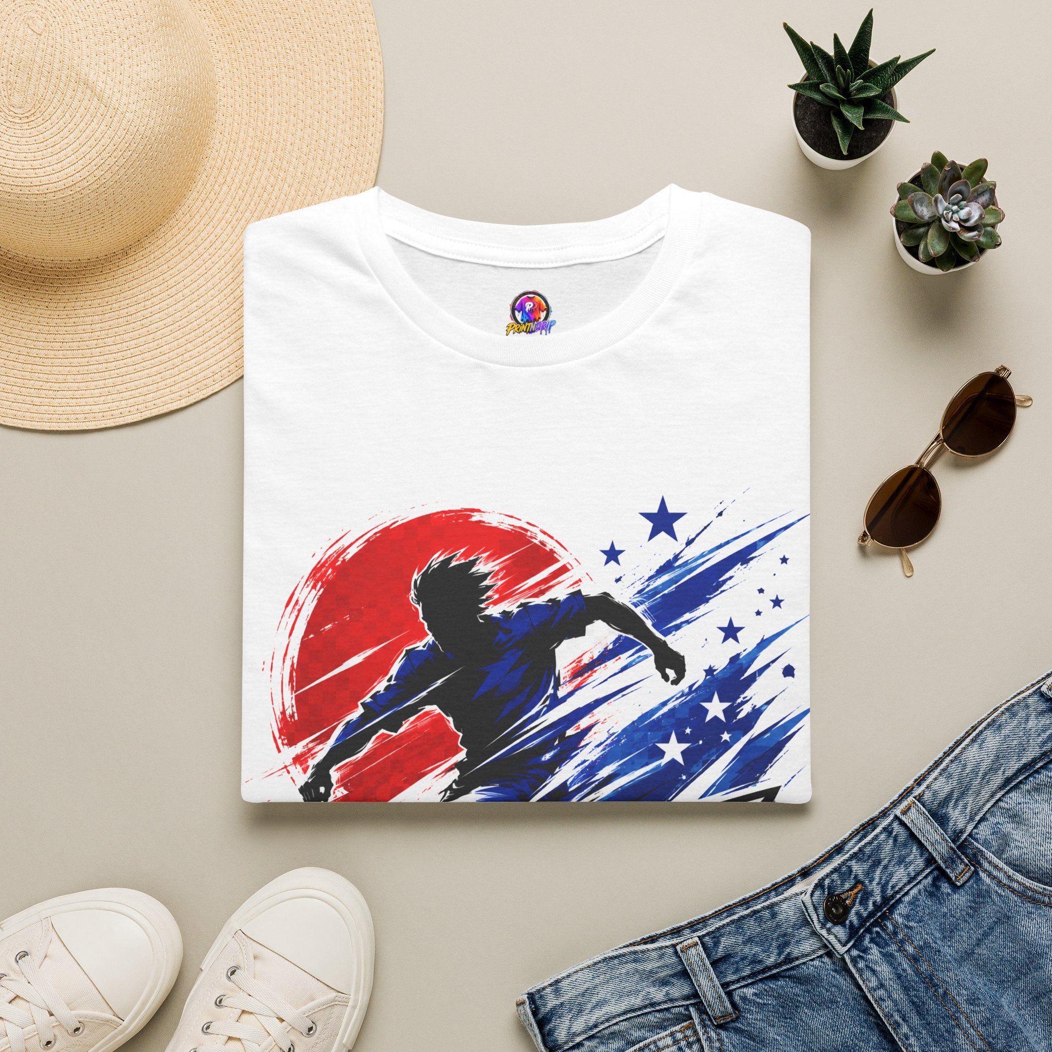 Japan T-Shirt — Blue Blade Soccer Graphic Tee (Red & Blue Starburst)