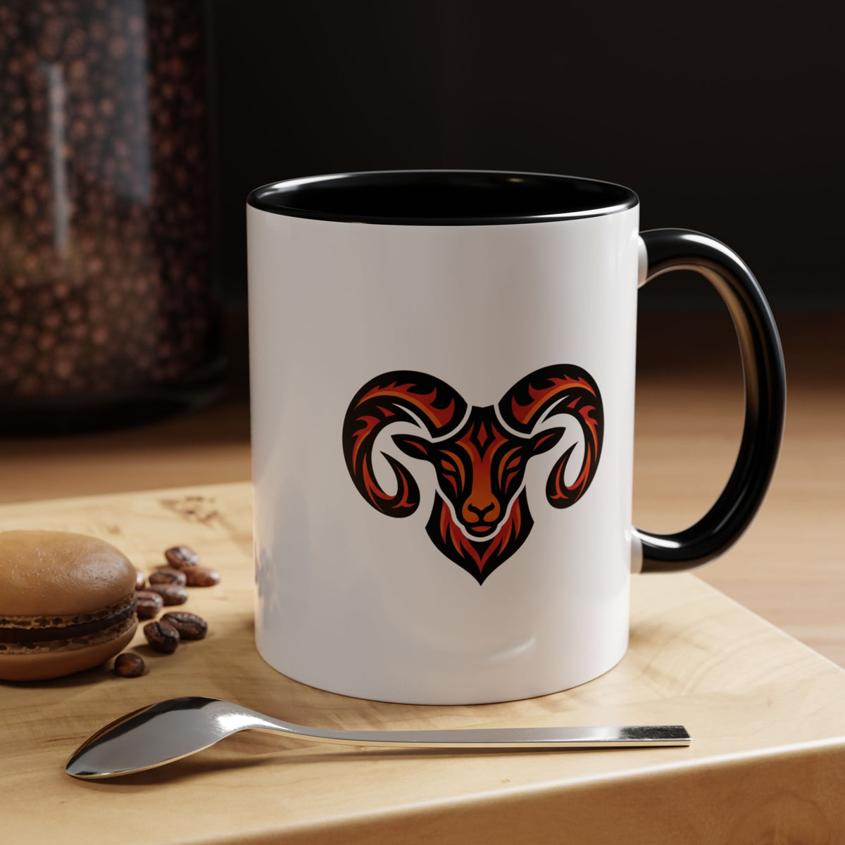 Aries Zodiac Ram Logo Accent Coffee Mug — Bold Tribal Ram Head Design