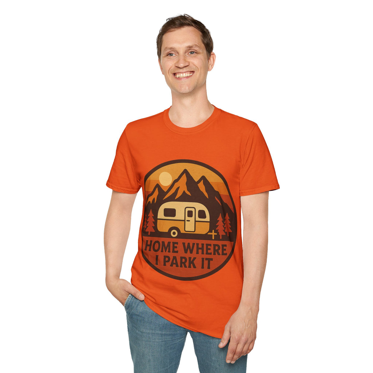 "Home Where I Park It" Vintage Camper Van Graphic Tee - Retro Sunset Mountain White T-Shirt - Trending Now - September 2026
