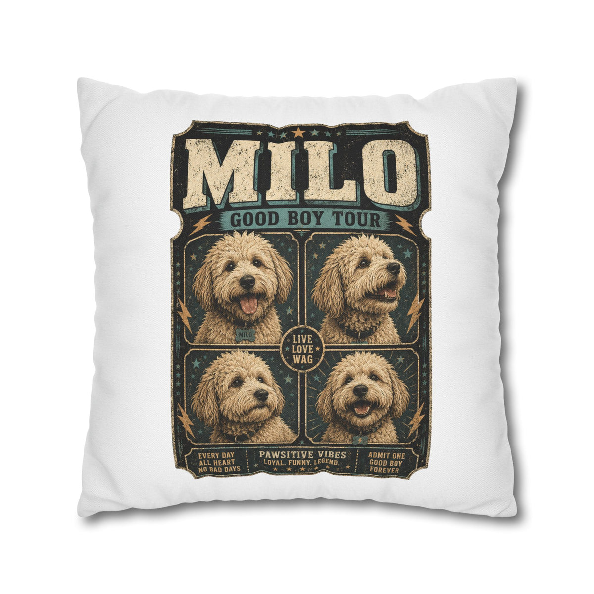 Milo "Good Boy Tour" Square Pillowcase — Cute Dog Portrait Decorative Pillowcase Milo Bailey Dog Dad Mom