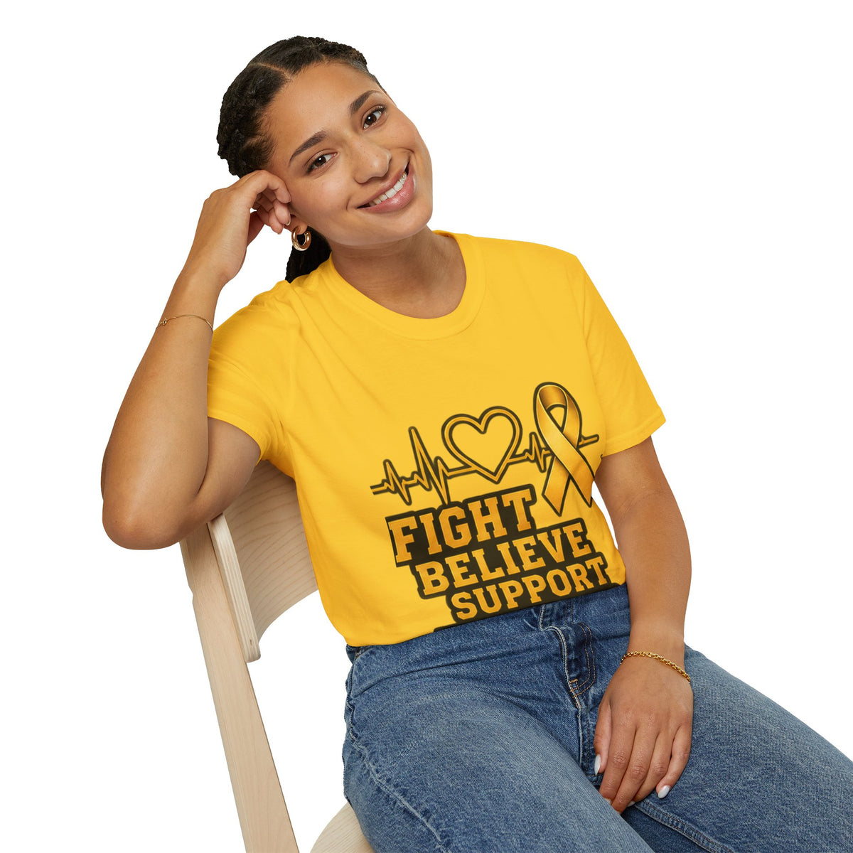 Childhood Cancer Awareness T-Shirt – "Fight Believe Support Never Give Up" Gold Ribbon Tee