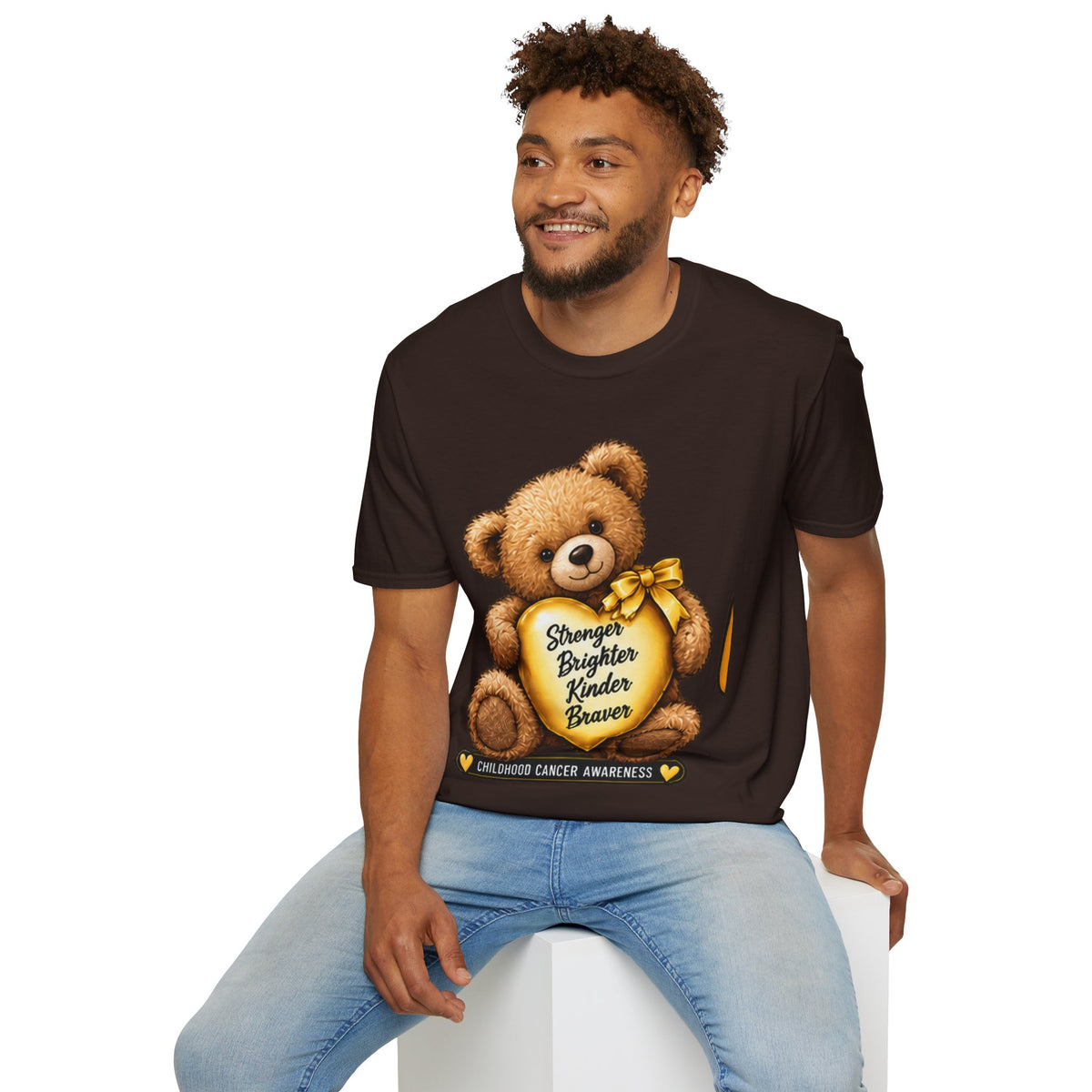 Childhood Cancer Awareness Teddy T-Shirt — "Stronger Brighter Kinder Braver"