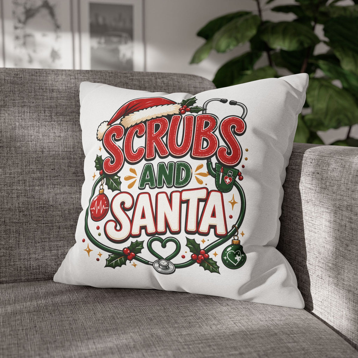 Christmas Medical Pillowcase — “Scrubs and Santa” Holiday Nurse Pillow