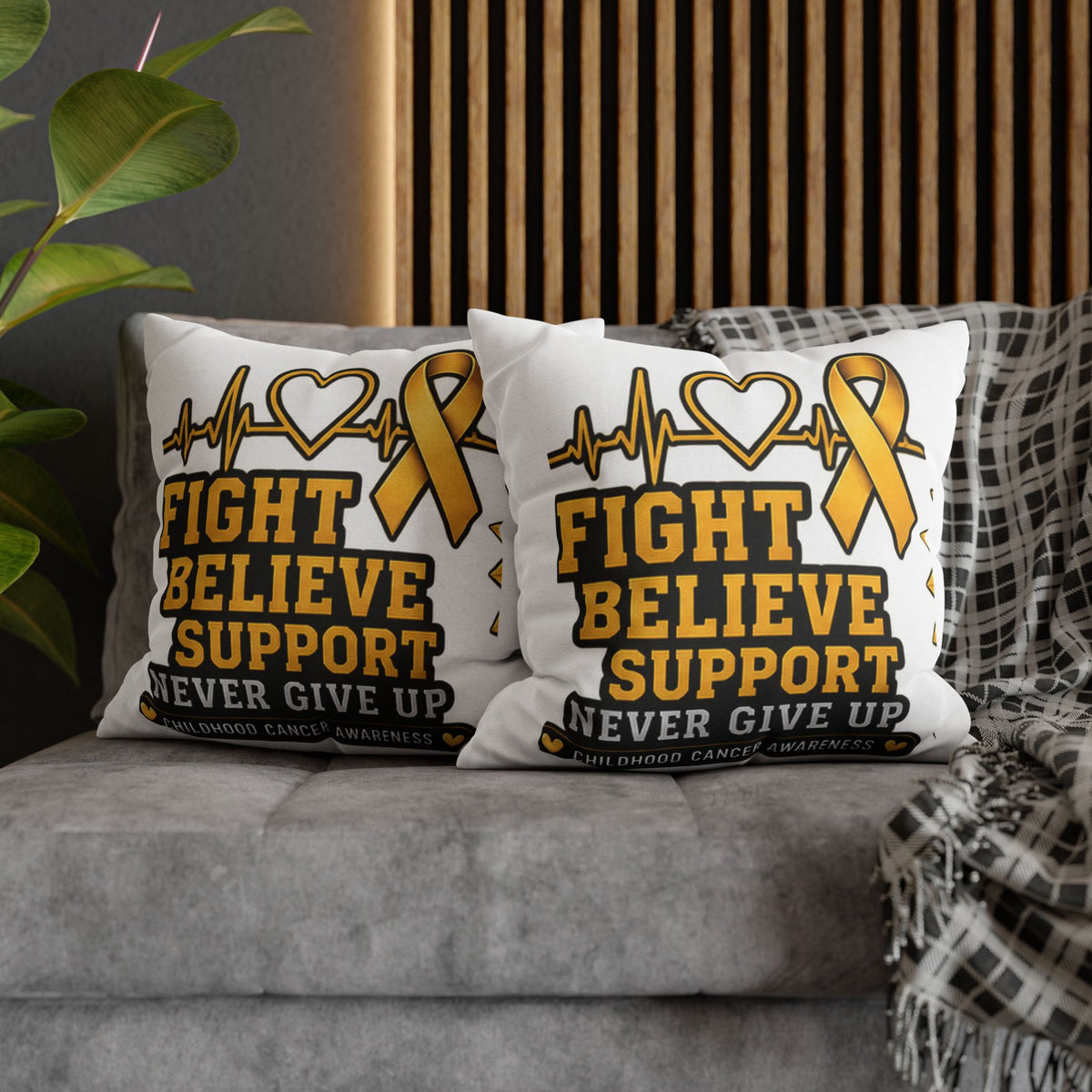 Childhood Cancer Awareness Pillow — "Fight Believe Support Never Give Up" Gold Ribbon Decorative Throw Pillow