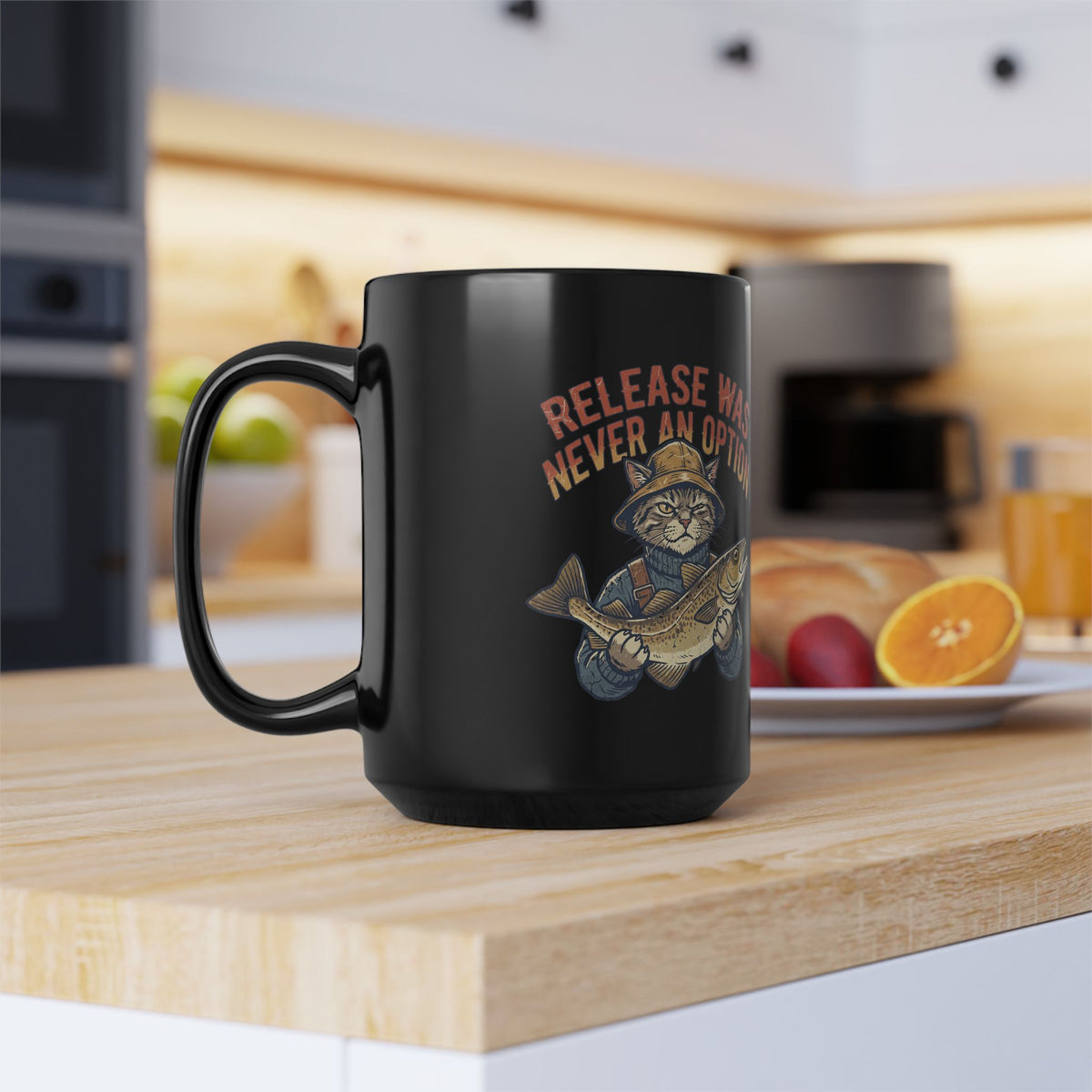 Funny Fishing Cat Mug — "Release Was Never an Option" Black Coffee Cup (11oz/15oz)