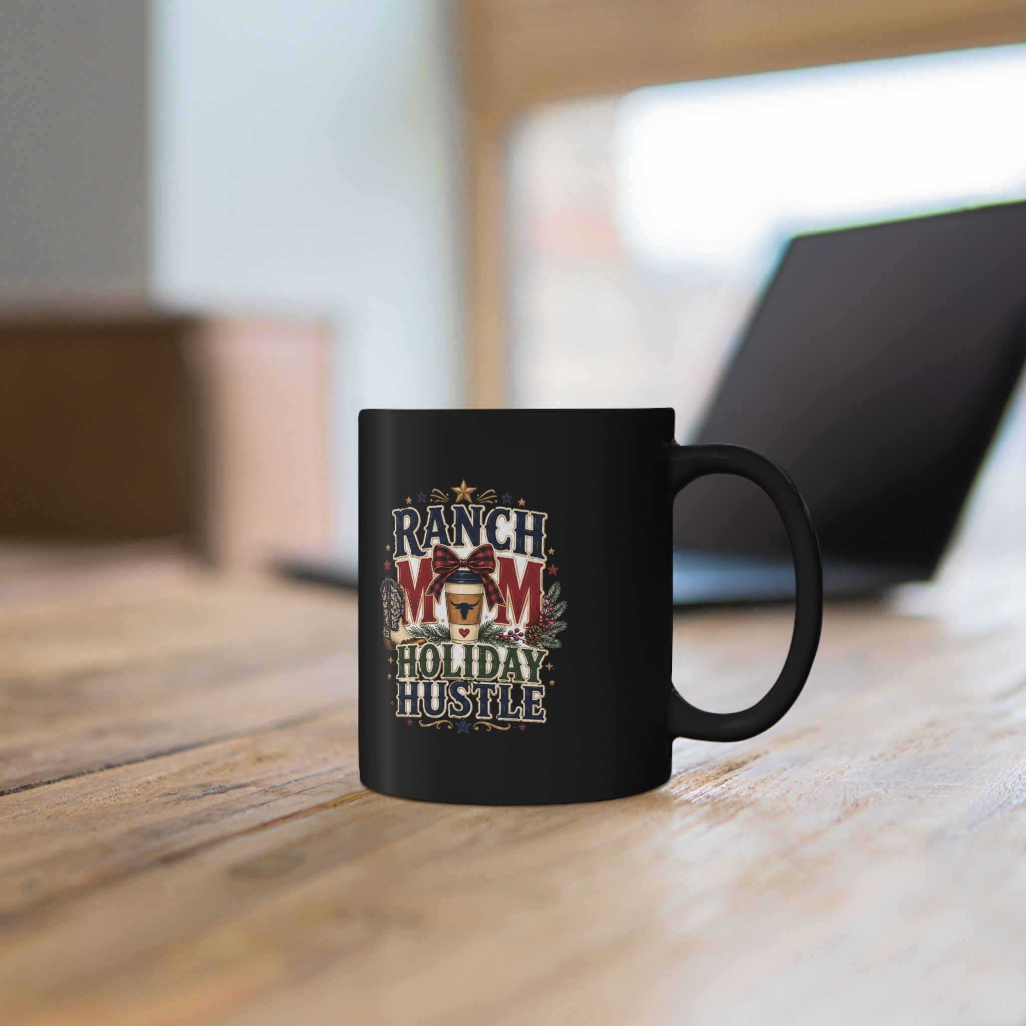 Modern Day Christmas Ranch Mom Holiday Hustle Black Coffee Mug