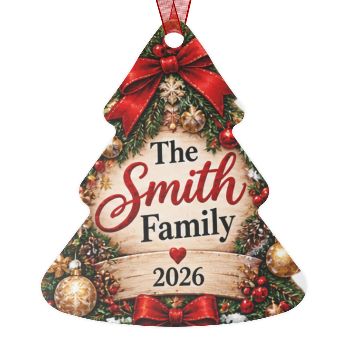 Personalized Family Metal Ornament - Christmas Tree Shape "The Smith Family 2026"