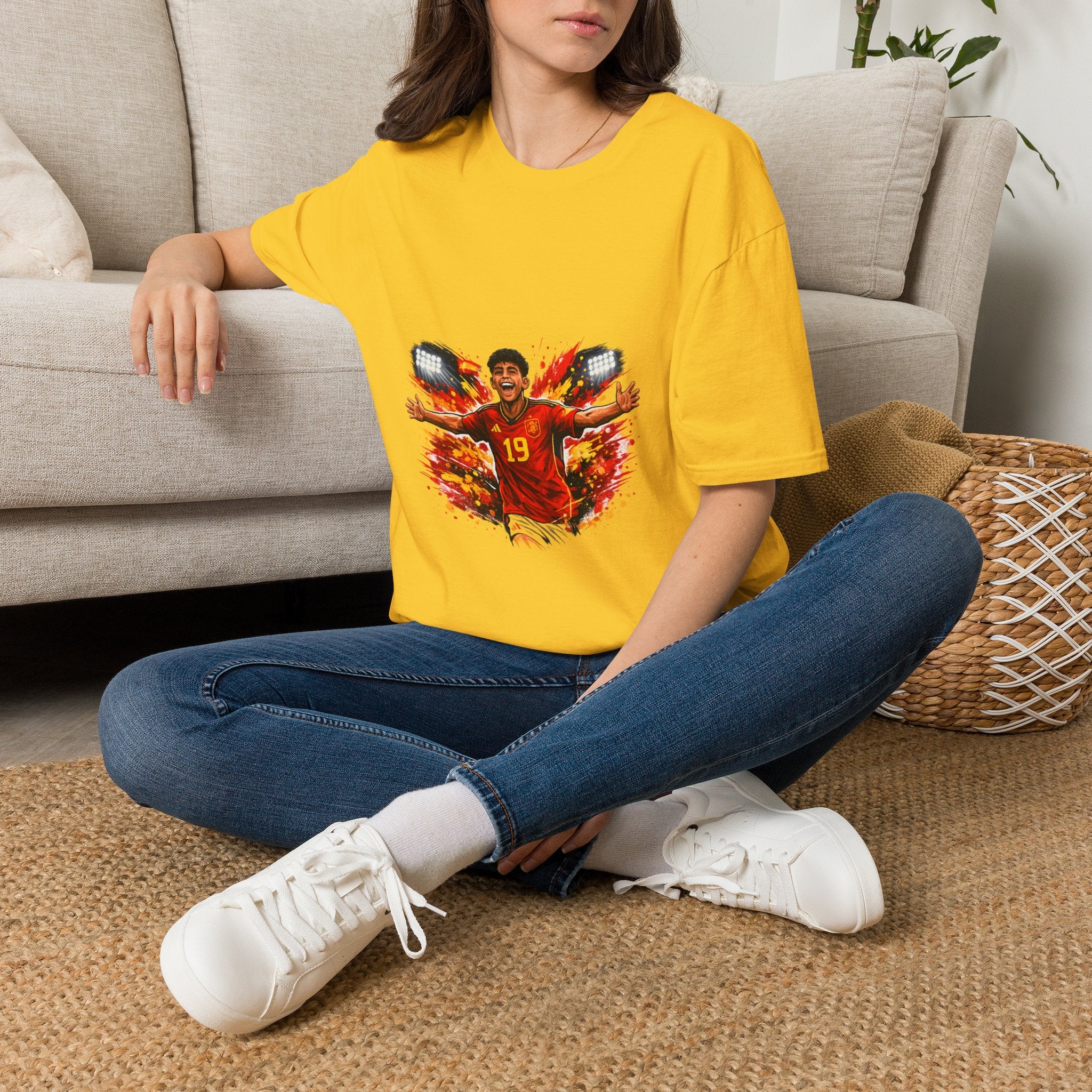 Spain Soccer Fan Portrait T‑Shirt – Fiery Goal Celebration Design