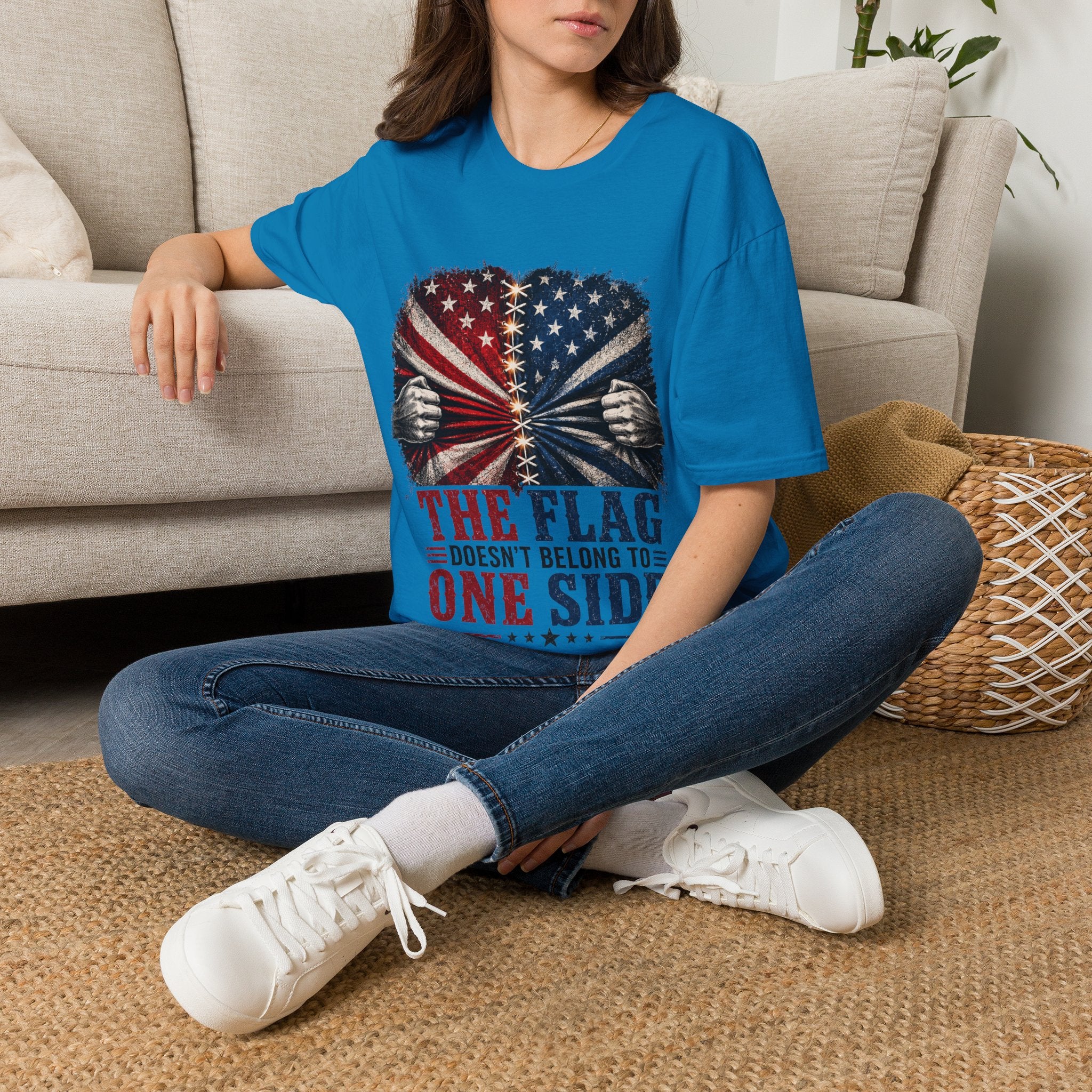 T-Shirt — "The Flag Doesn't Belong to One Side" Distressed American Flag Graphic