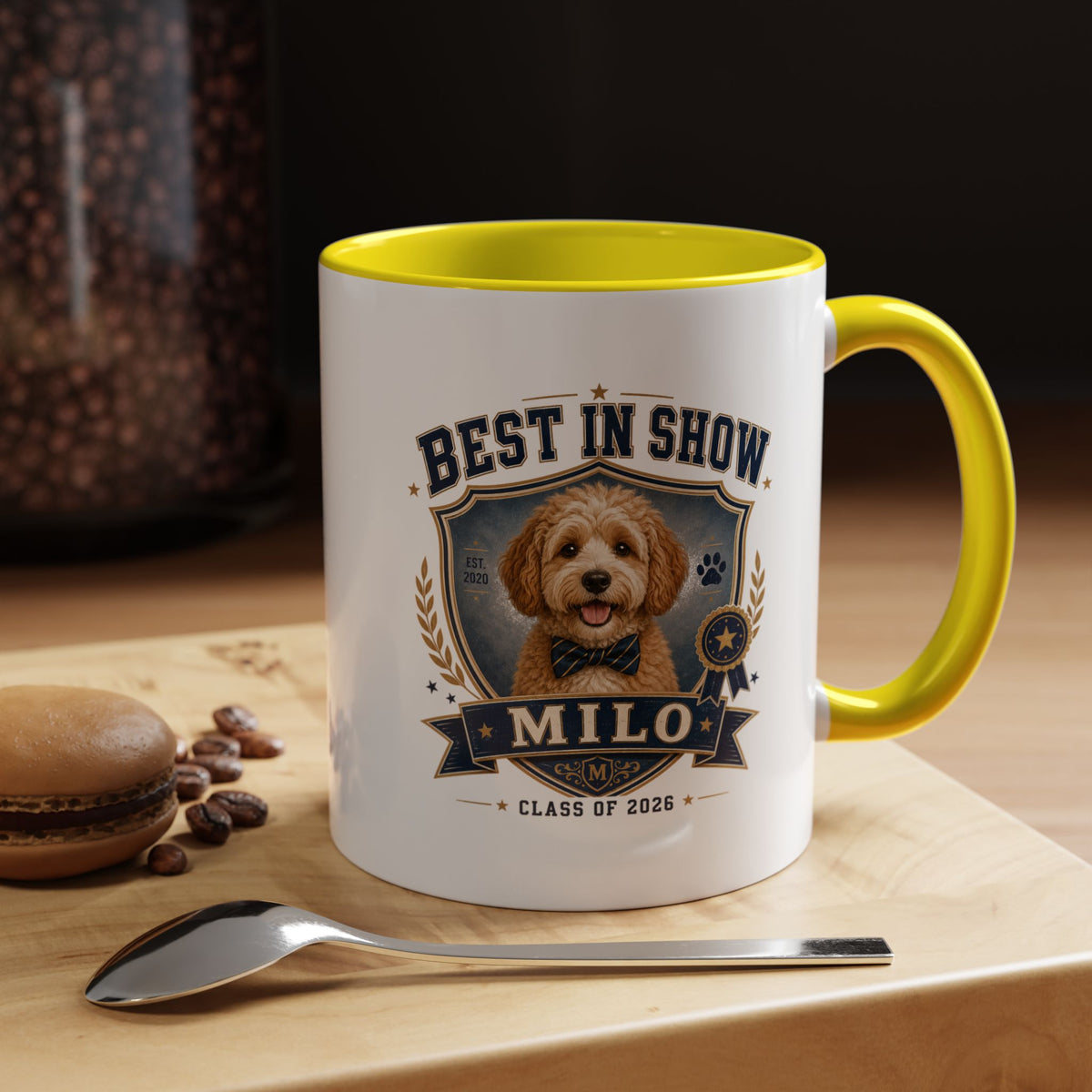Milo Bailey Dog Dad Mom Best in Show Personalized Dog Coffee Mug — 'Milo' Class of 2026 Accent Mug