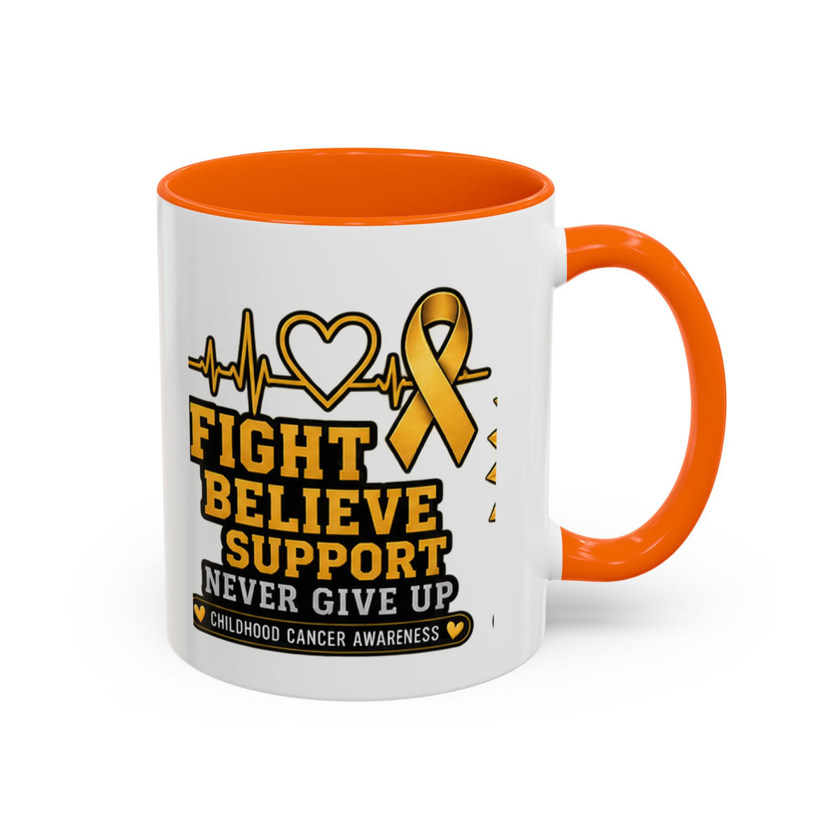 Childhood Cancer Awareness Accent Coffee Mug — "Fight Believe Support" 11/15oz