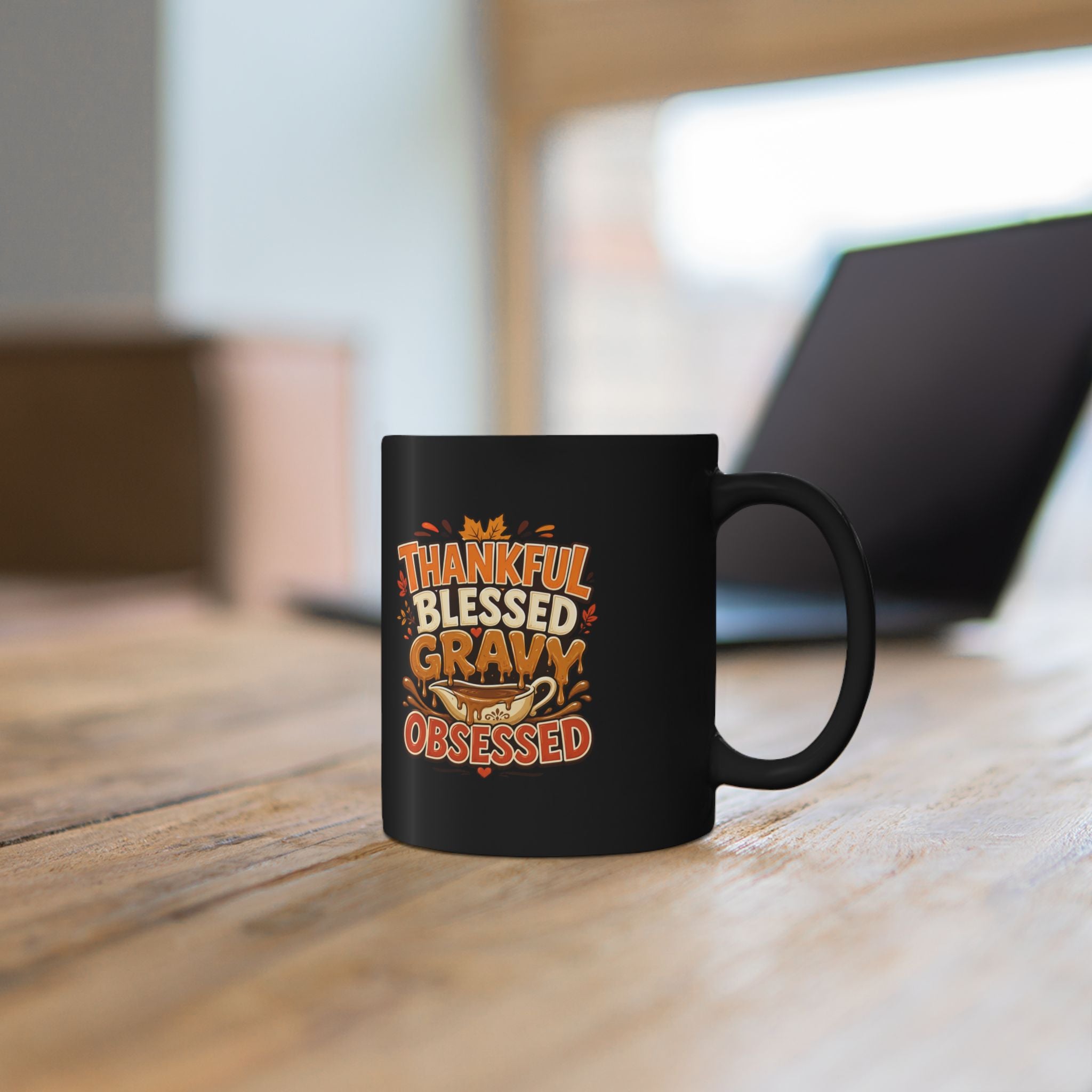 Thankful Blessed Gravy Obsessed Mug — Thanksgiving Black Coffee Cup