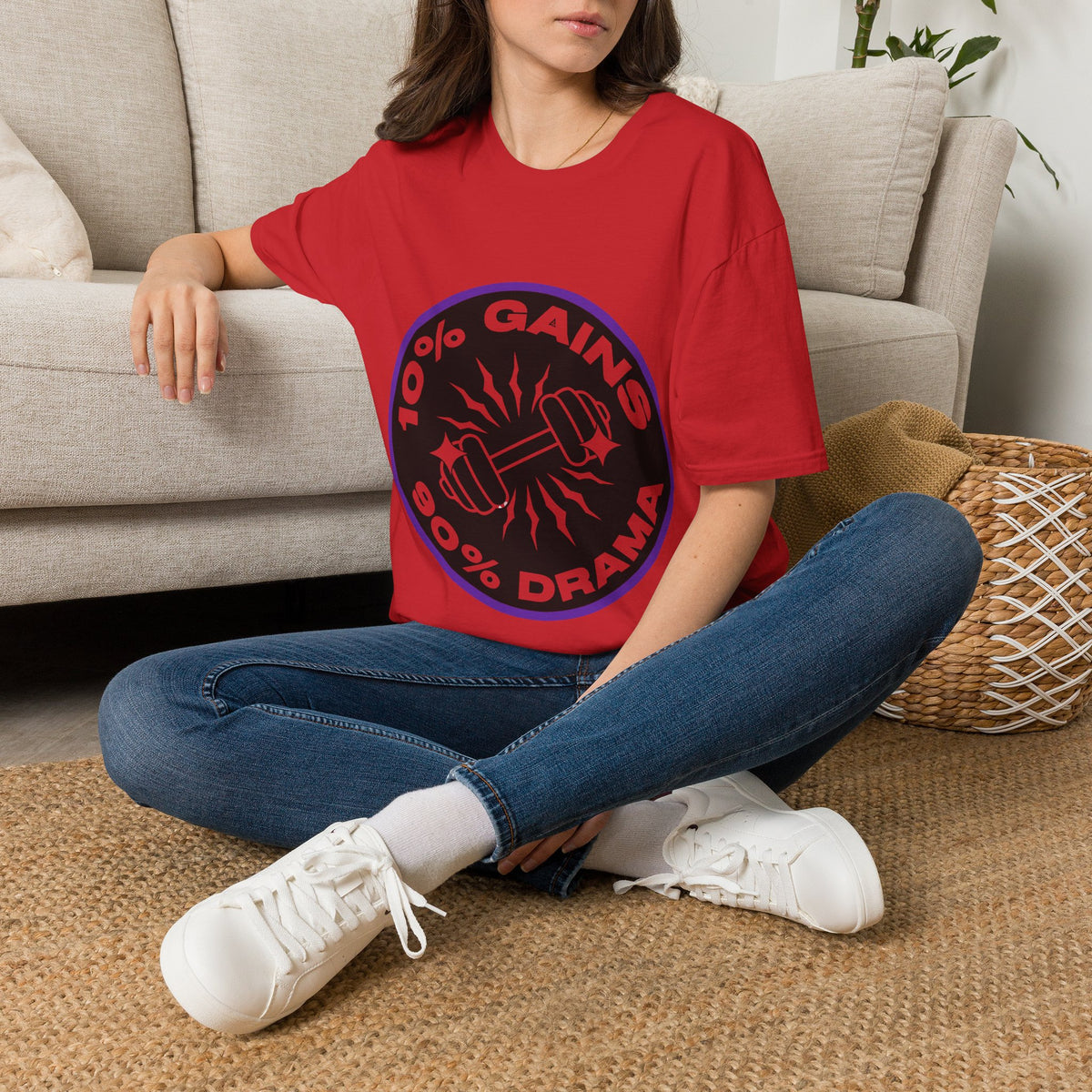 10% Gains 90% Drama Purple Badge T-Shirt - Retro Gym Circle Logo Graphic Tee - Trending Now - September 2026