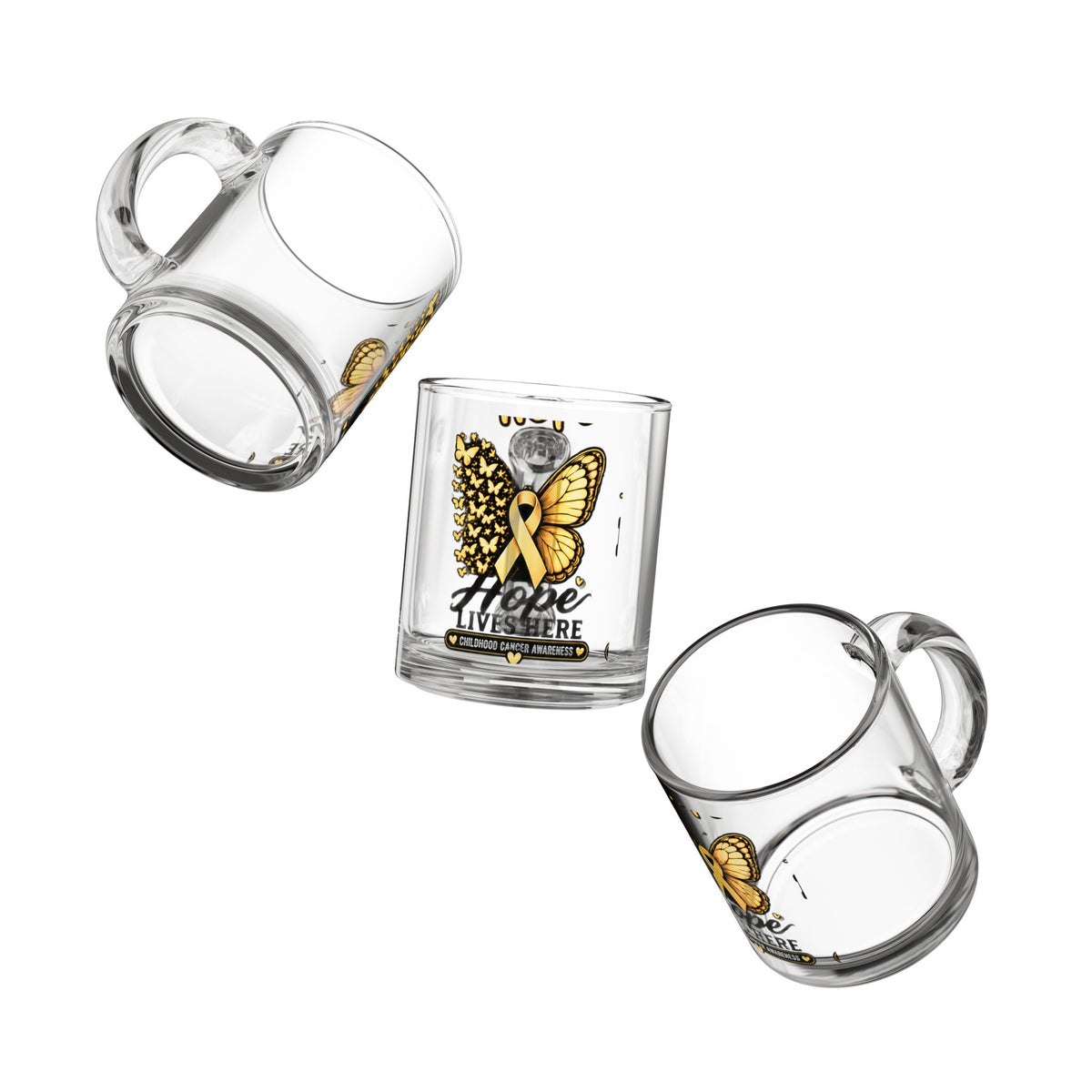Childhood Cancer Awareness Glass Mug — “Hope Lives Here” Gold Ribbon Butterfly (10oz)