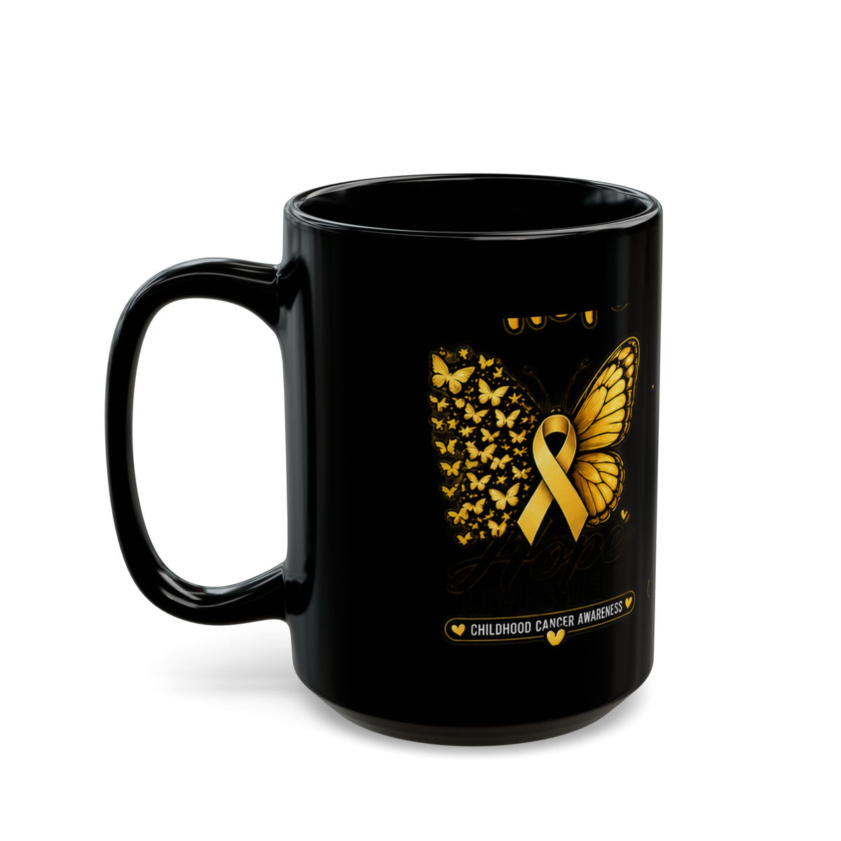 Childhood Cancer Awareness Mug — Gold Ribbon Butterfly Black Coffee Cup (11oz, 15oz)