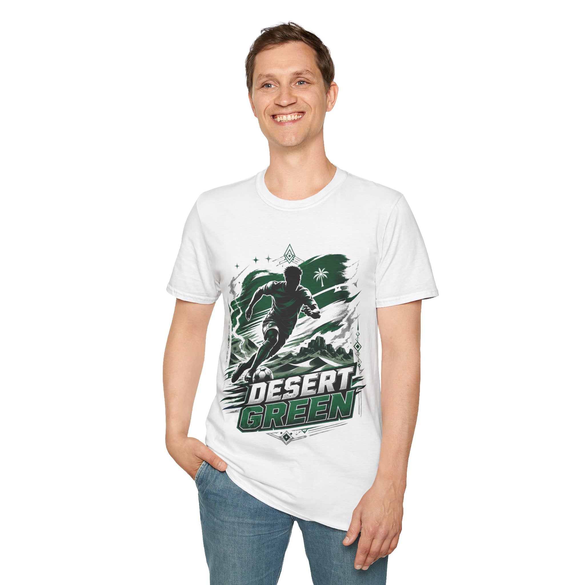 Saudi Arabia Desert Green Soccer T-Shirt — Silhouette Player Graphic