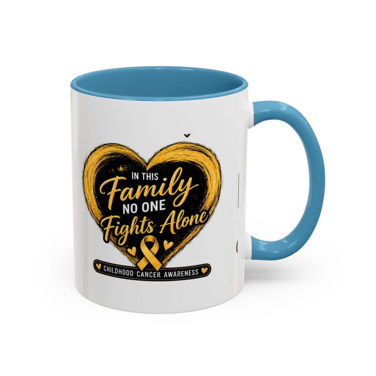 Childhood Cancer Awareness Accent Coffee Mug — "In This Family No One Fights Alone"