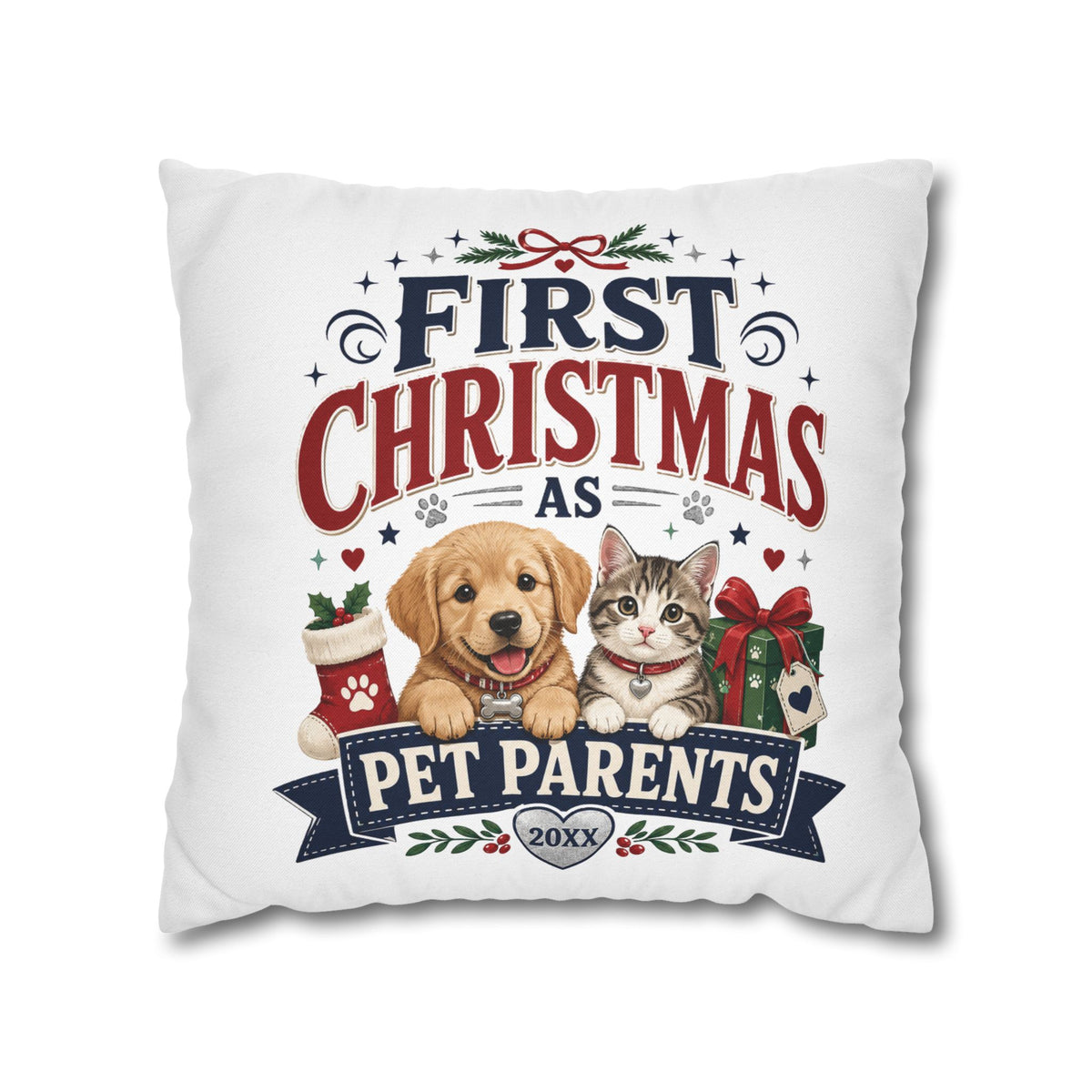 First Christmas as Pet Parents Pillowcase — Dog & Cat Holiday Throw Pillowcase