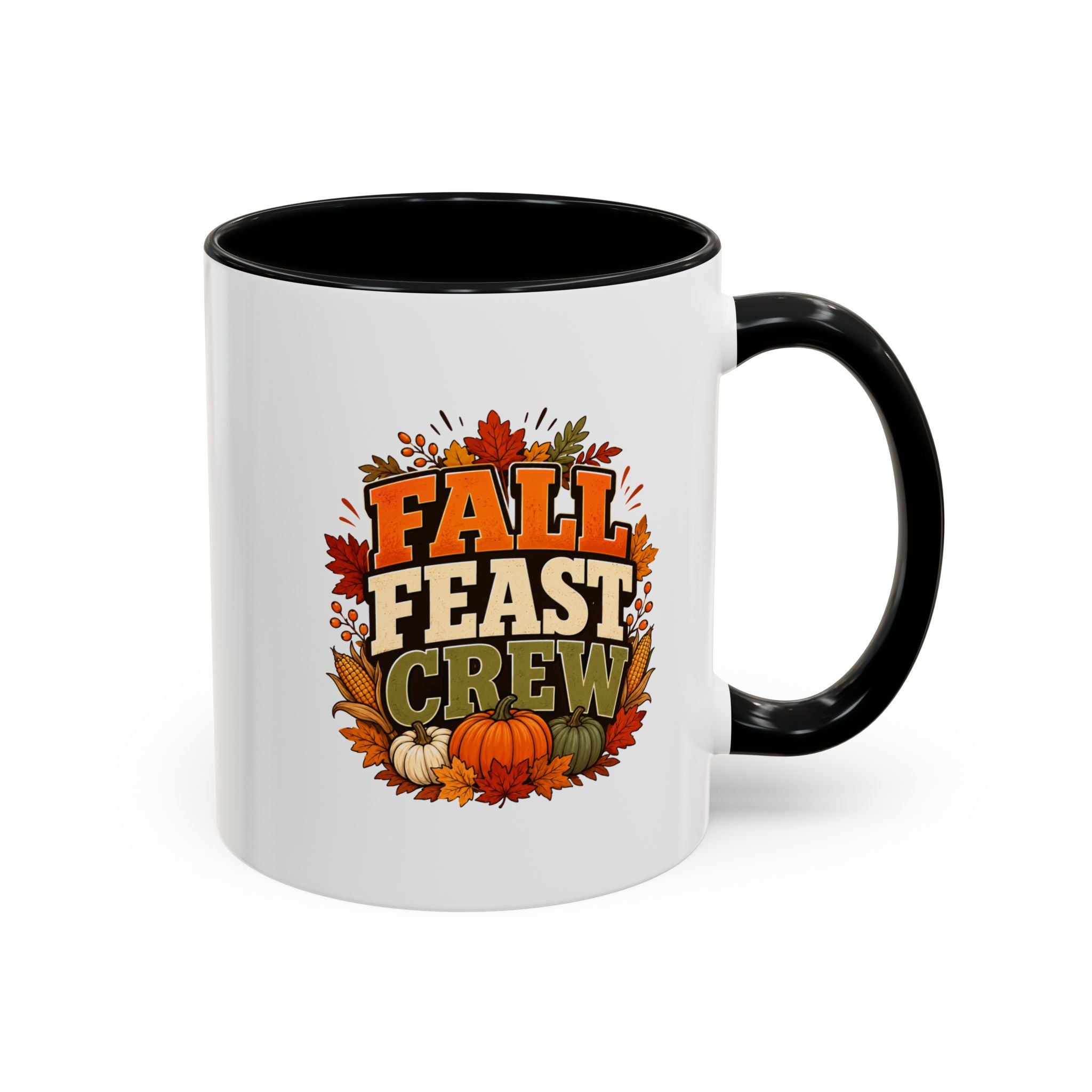 Thanksgiving Mug Fall Feast Crew Coffee Mug — Autumn Pumpkin & Leaves Accent Mug